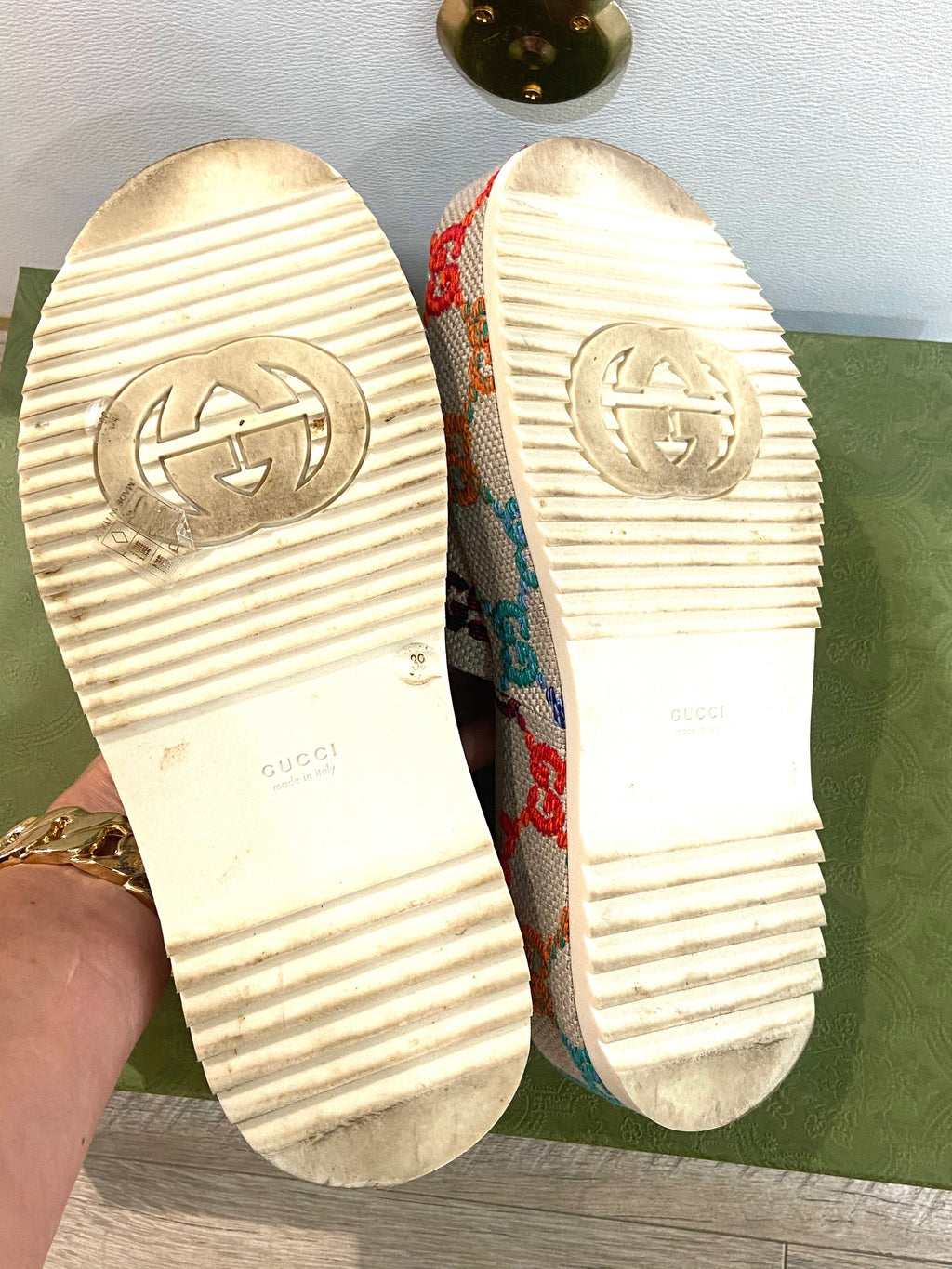 GUCCI GG MULTICOLOR ANGELINA PLATFORM SLIDE SANDALS