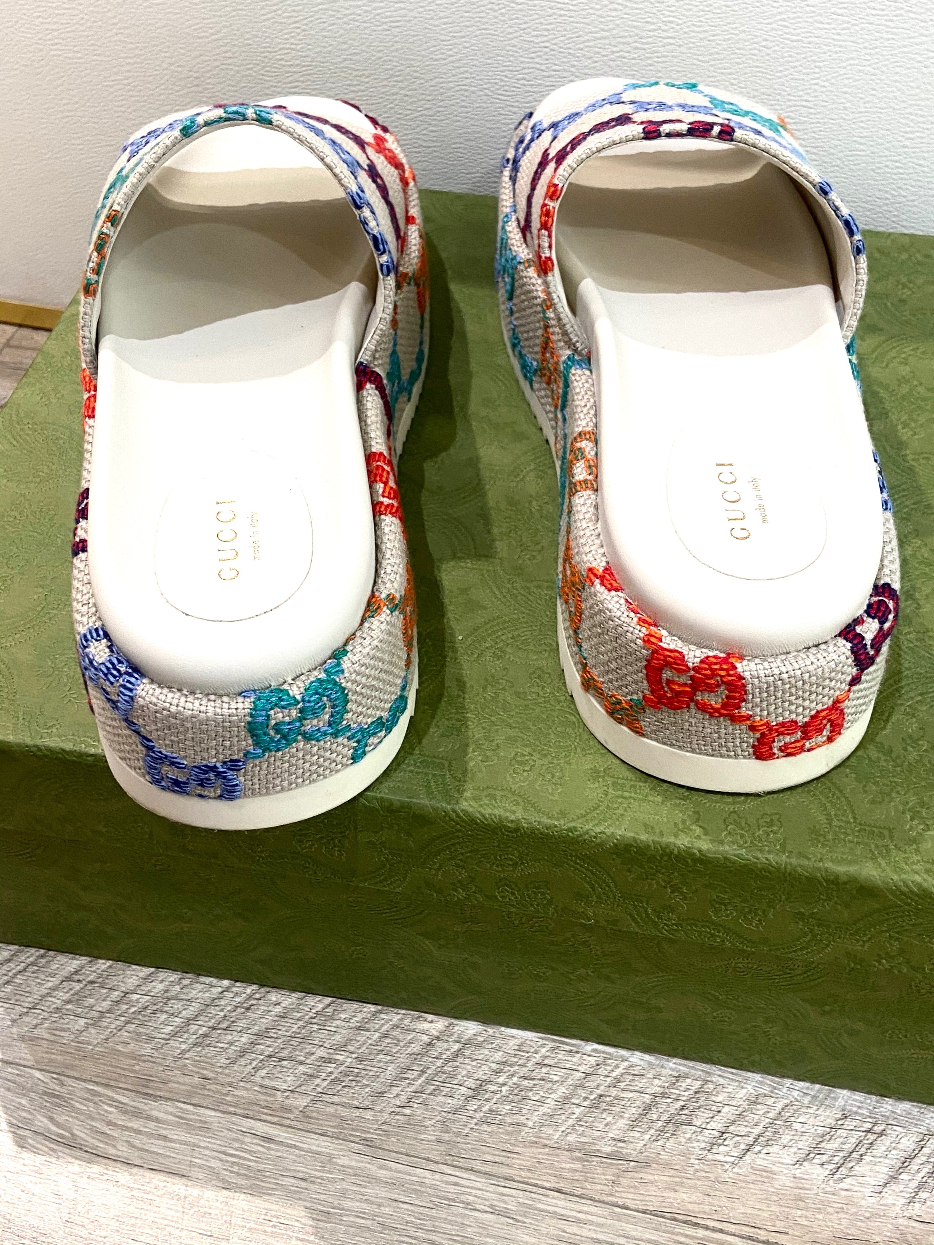 GUCCI GG MULTICOLOR ANGELINA PLATFORM SLIDE SANDALS