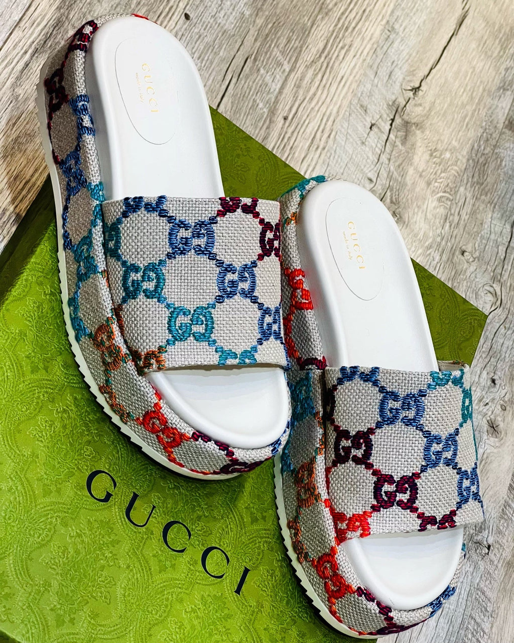 GUCCI GG MULTICOLOR ANGELINA PLATFORM SLIDE SANDALS