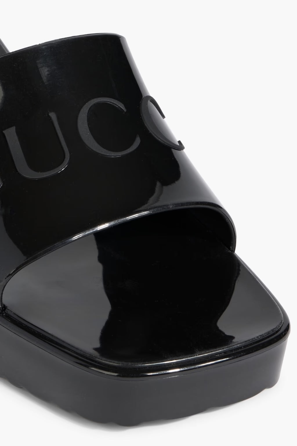 GUCCI EMBOSSED LOGO RUBBER PLATFORM SANDALS