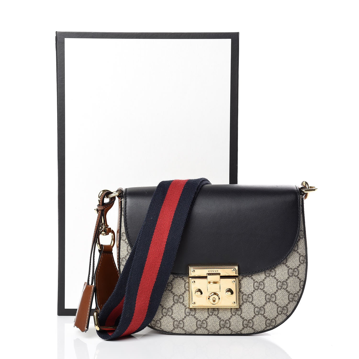 GUCCI GG SUPREME WEB LEATHER PADLOCK MEDIUM MESSENGER BAG