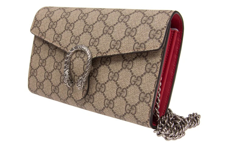 GUCCI GG SUPREME DIONYSUS WALLET ON CHAIN – CHERRY RED LEATHER INTERIOR