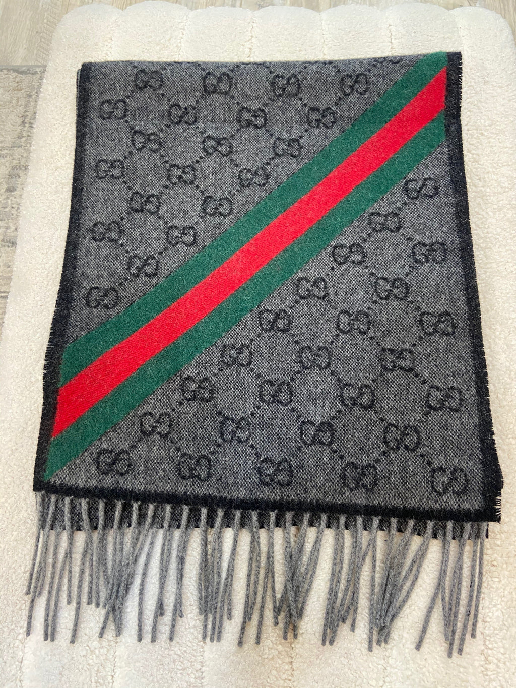 GUCCI GG SUPREME WEB WOOL CASHMERE  BLEND SCARF
