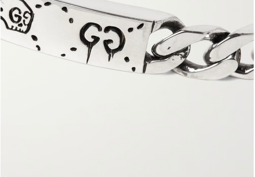 GUCCI GHOST ENGRAVED STERLING SILVER ID BRACELET
