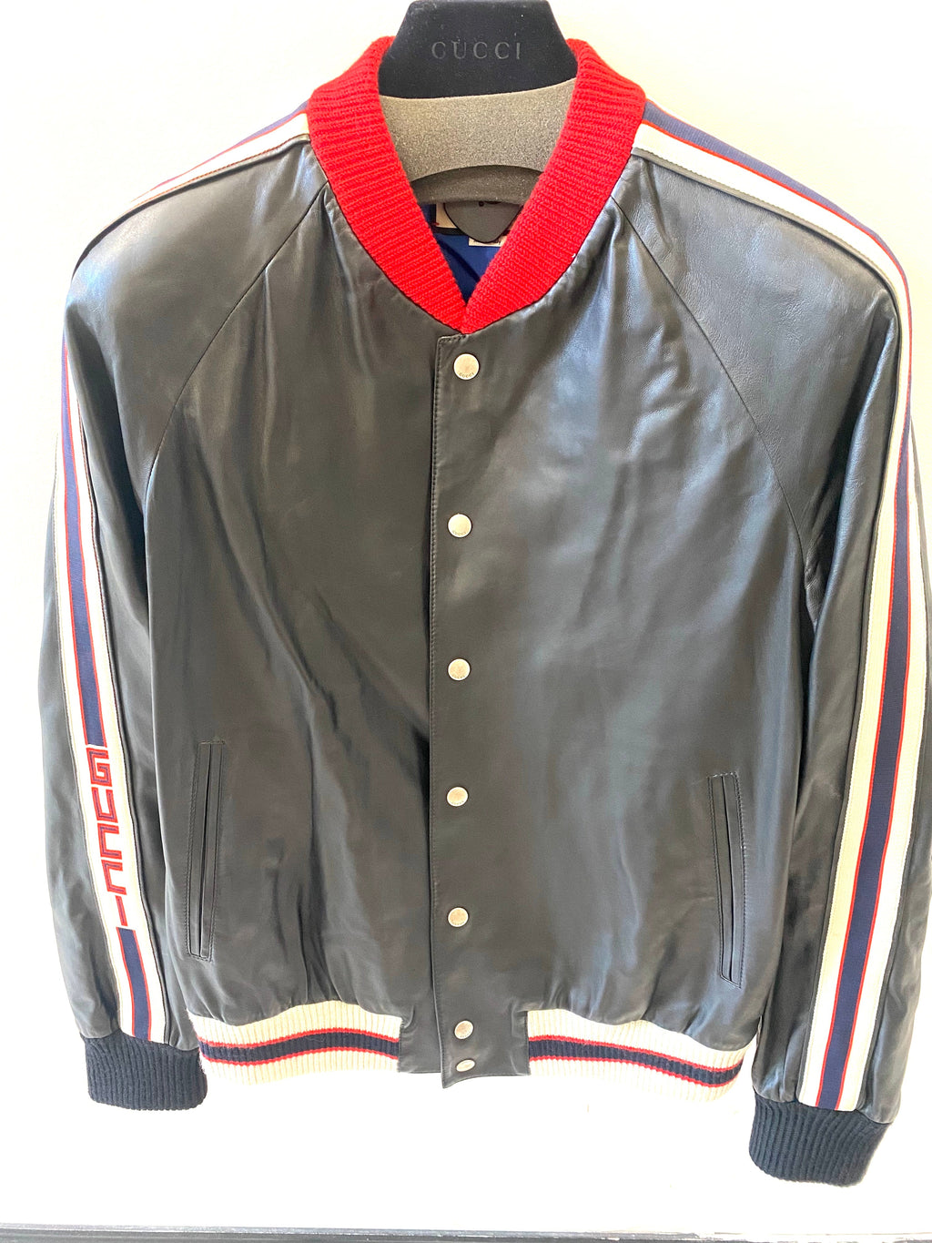 GUCCI HOLLYWOOD EMBROIDERY WEB LEATHER JACKET
