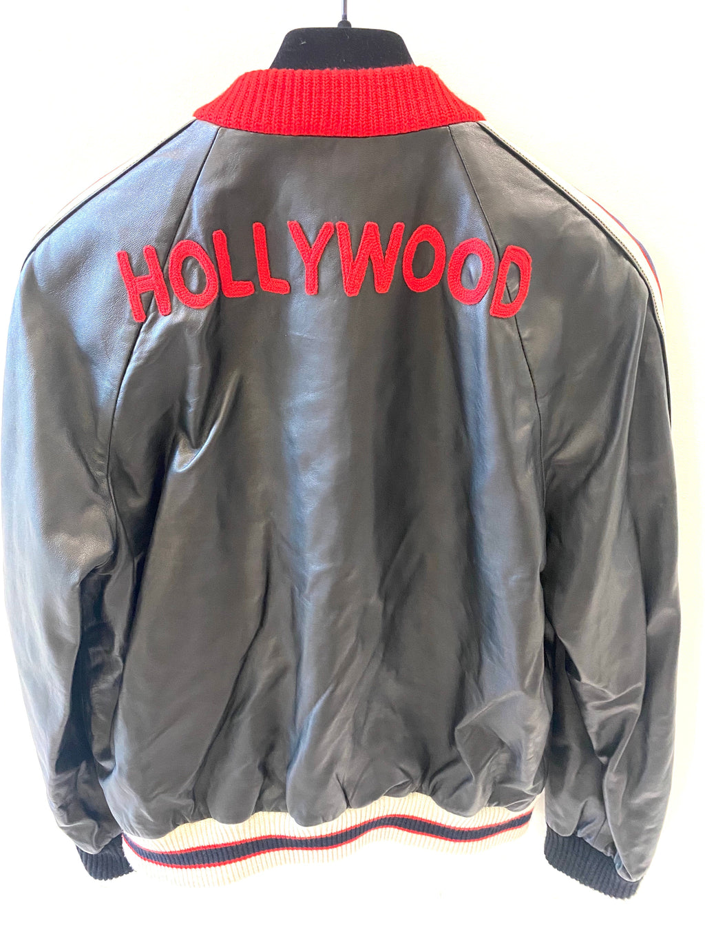 GUCCI HOLLYWOOD EMBROIDERY WEB LEATHER JACKET