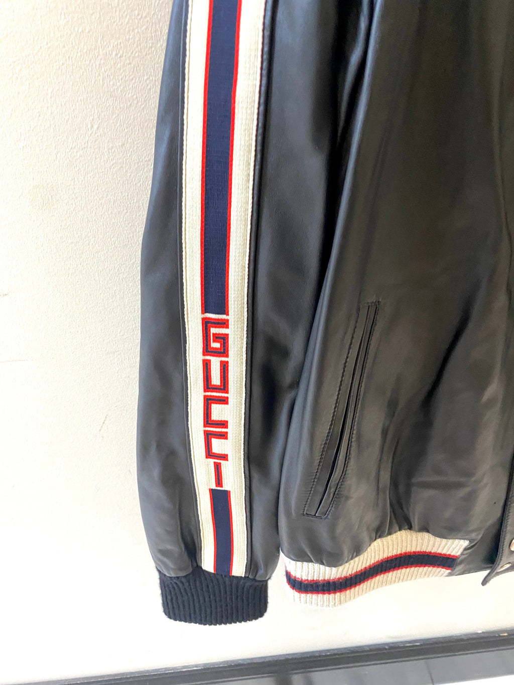 GUCCI HOLLYWOOD EMBROIDERY WEB LEATHER JACKET