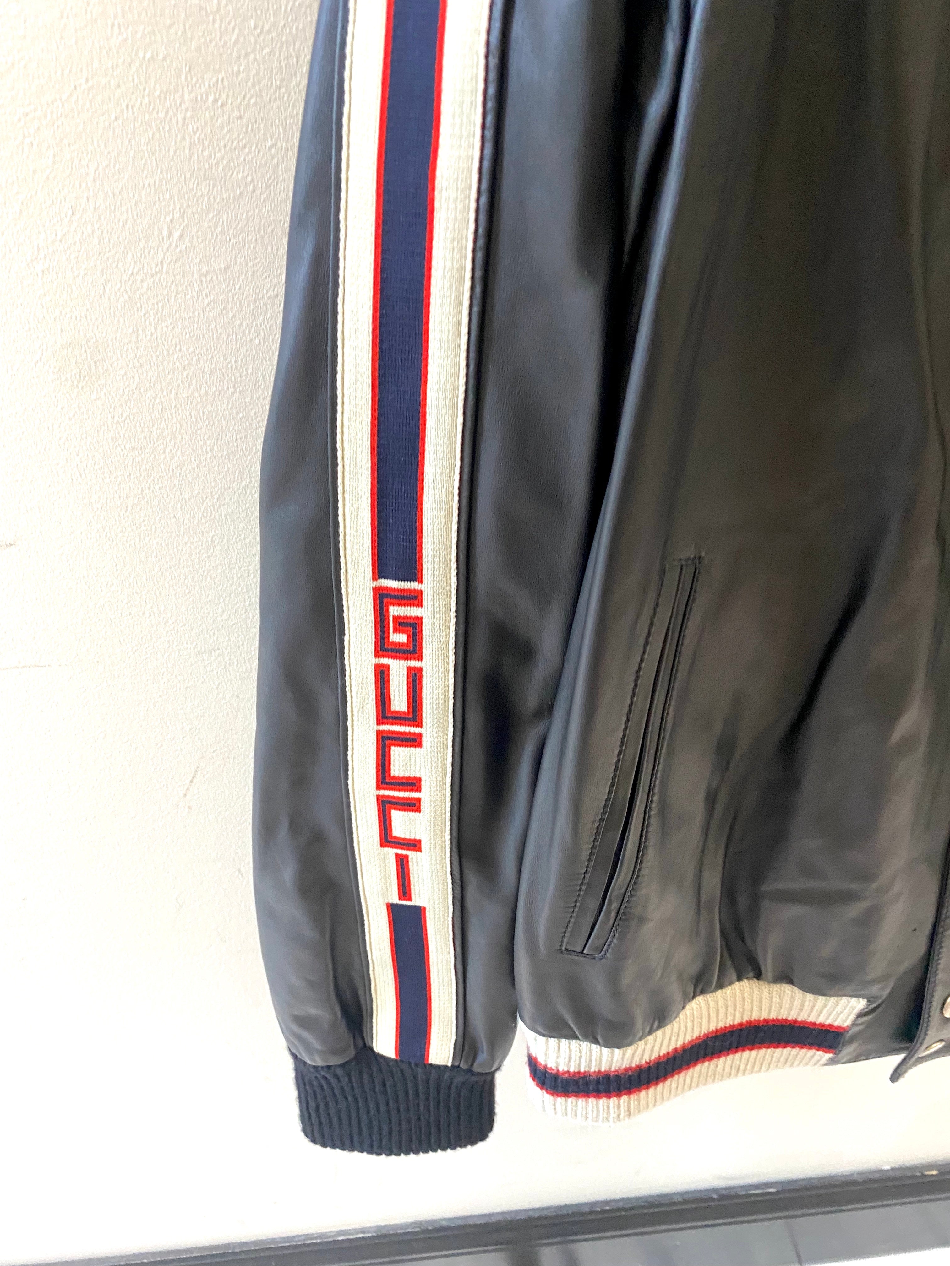 GUCCI HOLLYWOOD EMBROIDERY WEB LEATHER JACKET