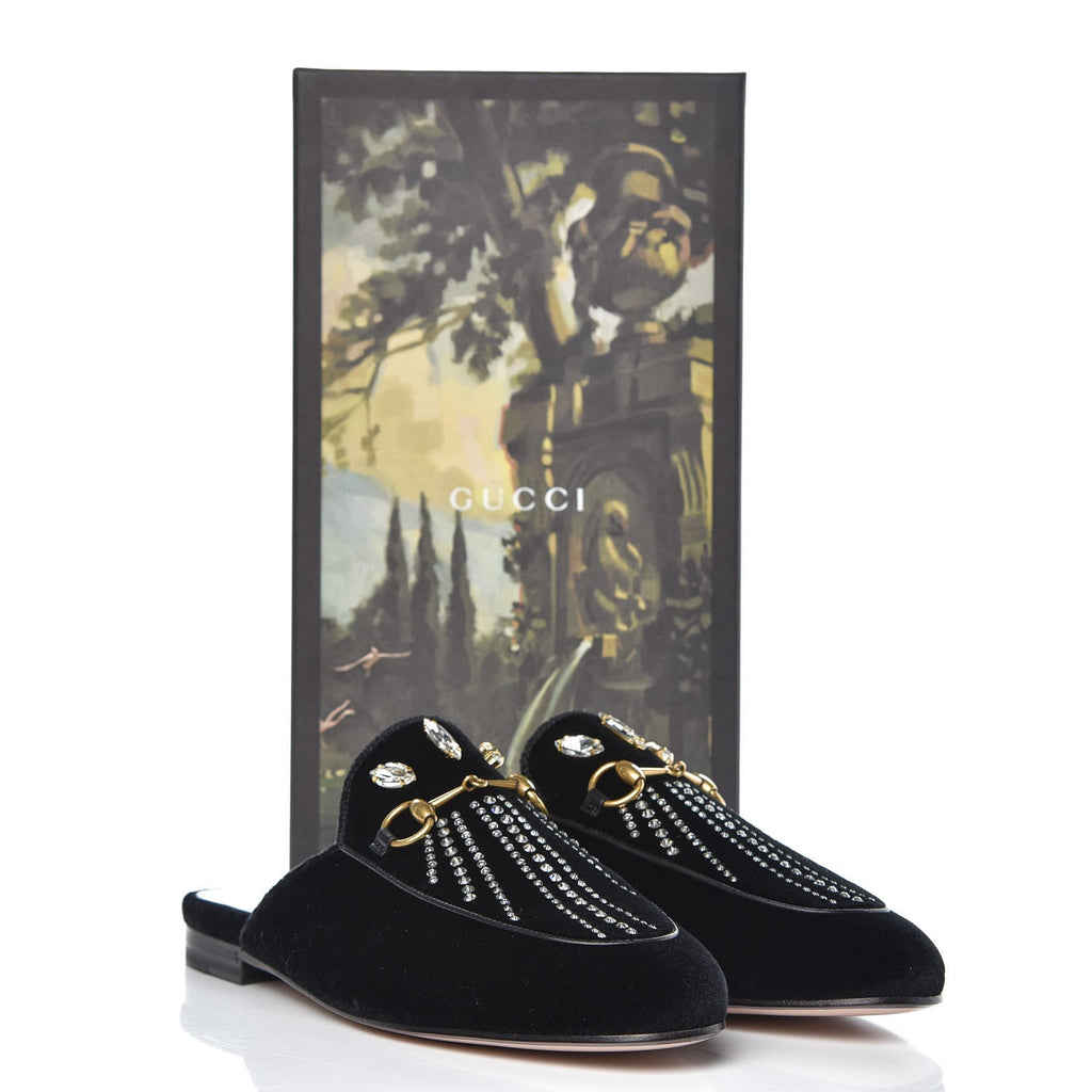 GUCCI HORSEBIT PRINCETOWN CRYSTAL EMBELLISHED VELVET MULES