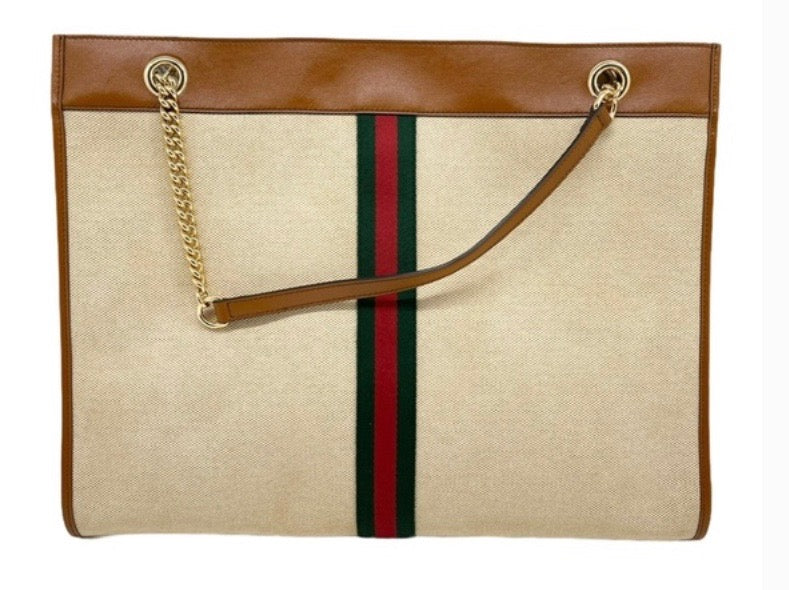 GUCCI LARGE RAJHA WEB TIGER CANVAS LEATHER TOTE BAG