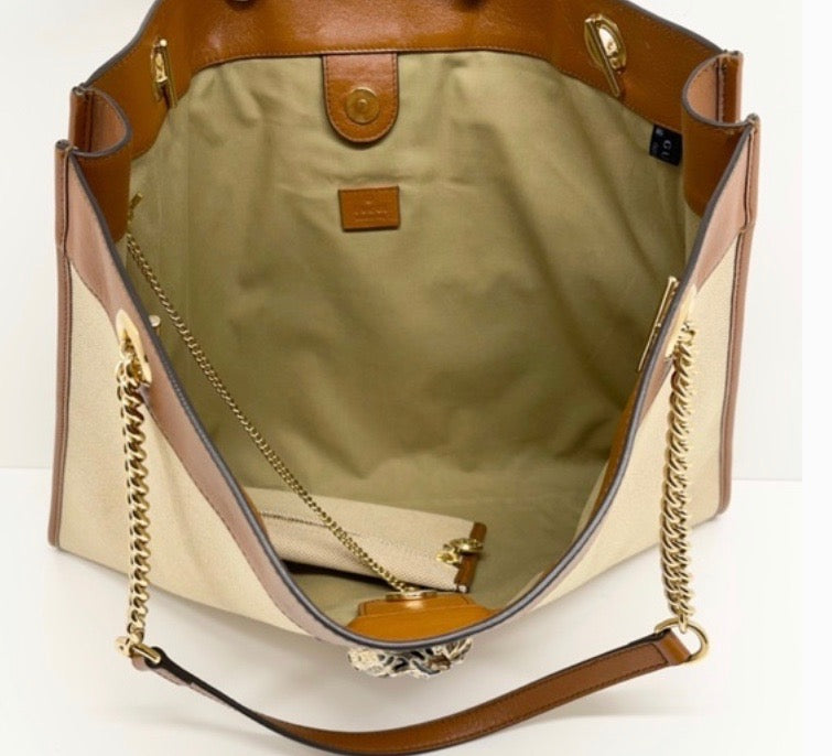 GUCCI LARGE RAJHA WEB TIGER CANVAS LEATHER TOTE BAG