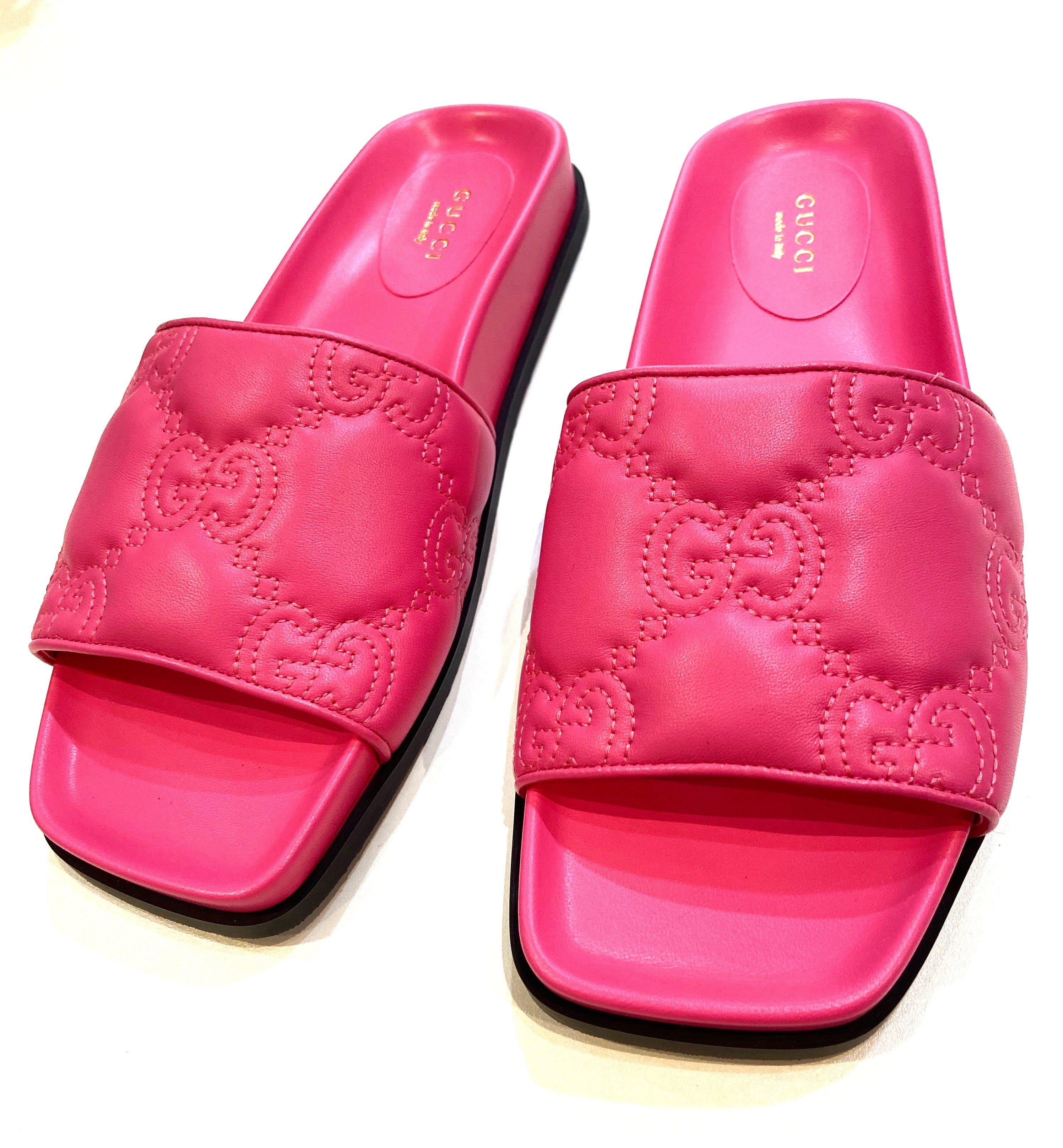 GUCCI CHARLOTTE LOGO NAPPA LEATHER SLIDE SANDALS