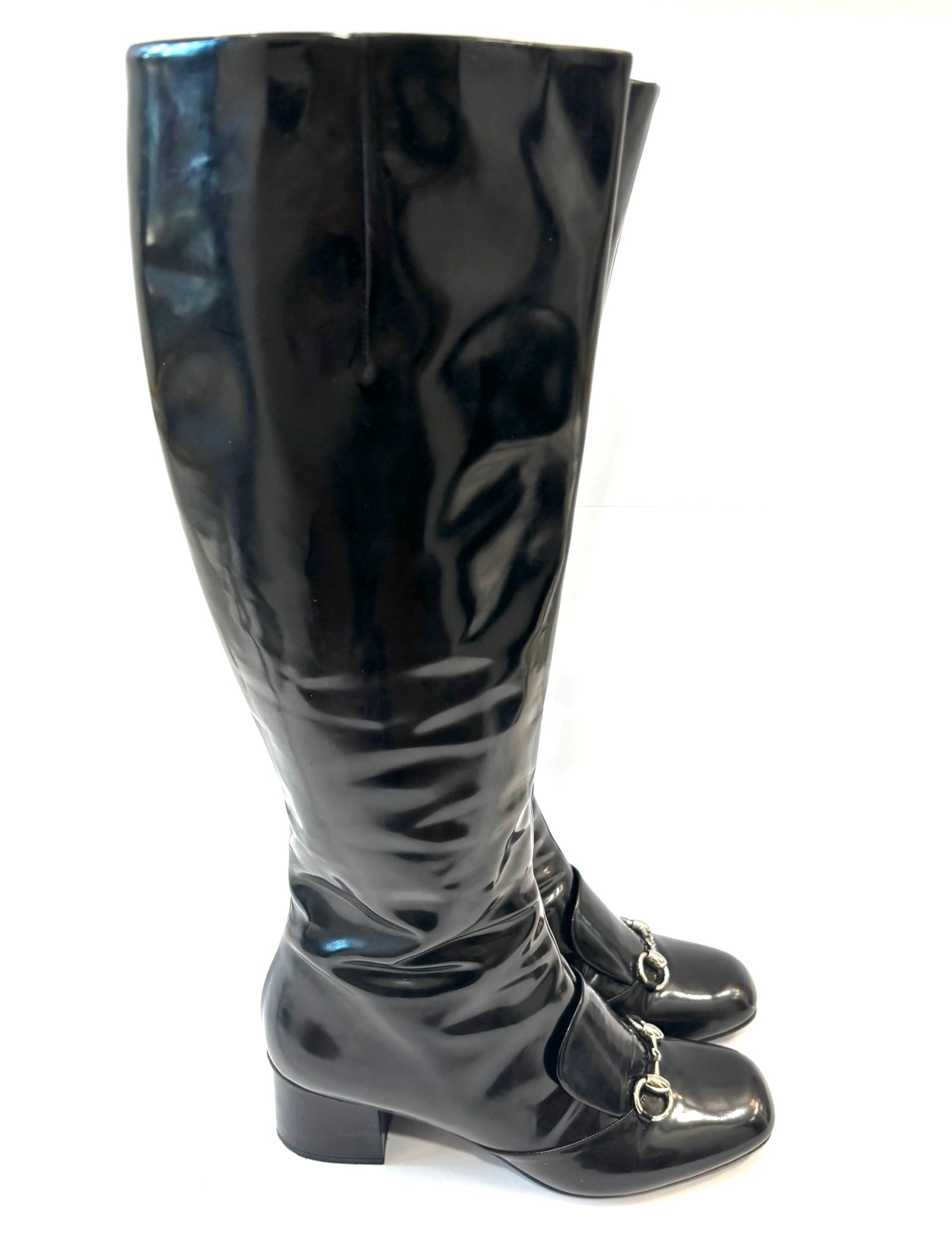 GUCCI PATENT LILIAN HORSEBIT KNEE HIGH BOOTS