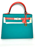 HERMÈS KELLY SELLIER 28 BLEU PAON AND ROSE JAIPUR EPSOM SPECIAL ORDER BAG