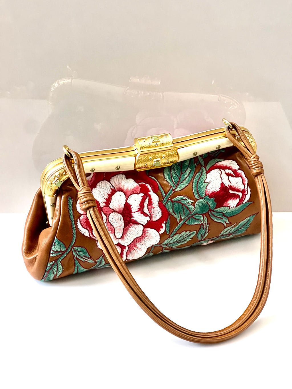 VALENTINO LEATHER FLORAL EMBROIDERED BAGUETTE BAG