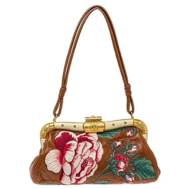 VALENTINO LEATHER FLORAL EMBROIDERED BAGUETTE BAG