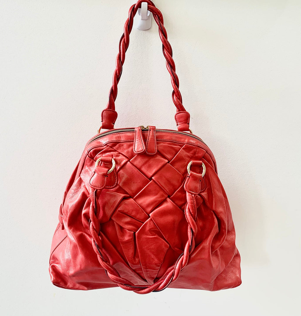 VALENTINO RED NAPPA WOVEN LEATHER COUTURE BAG
