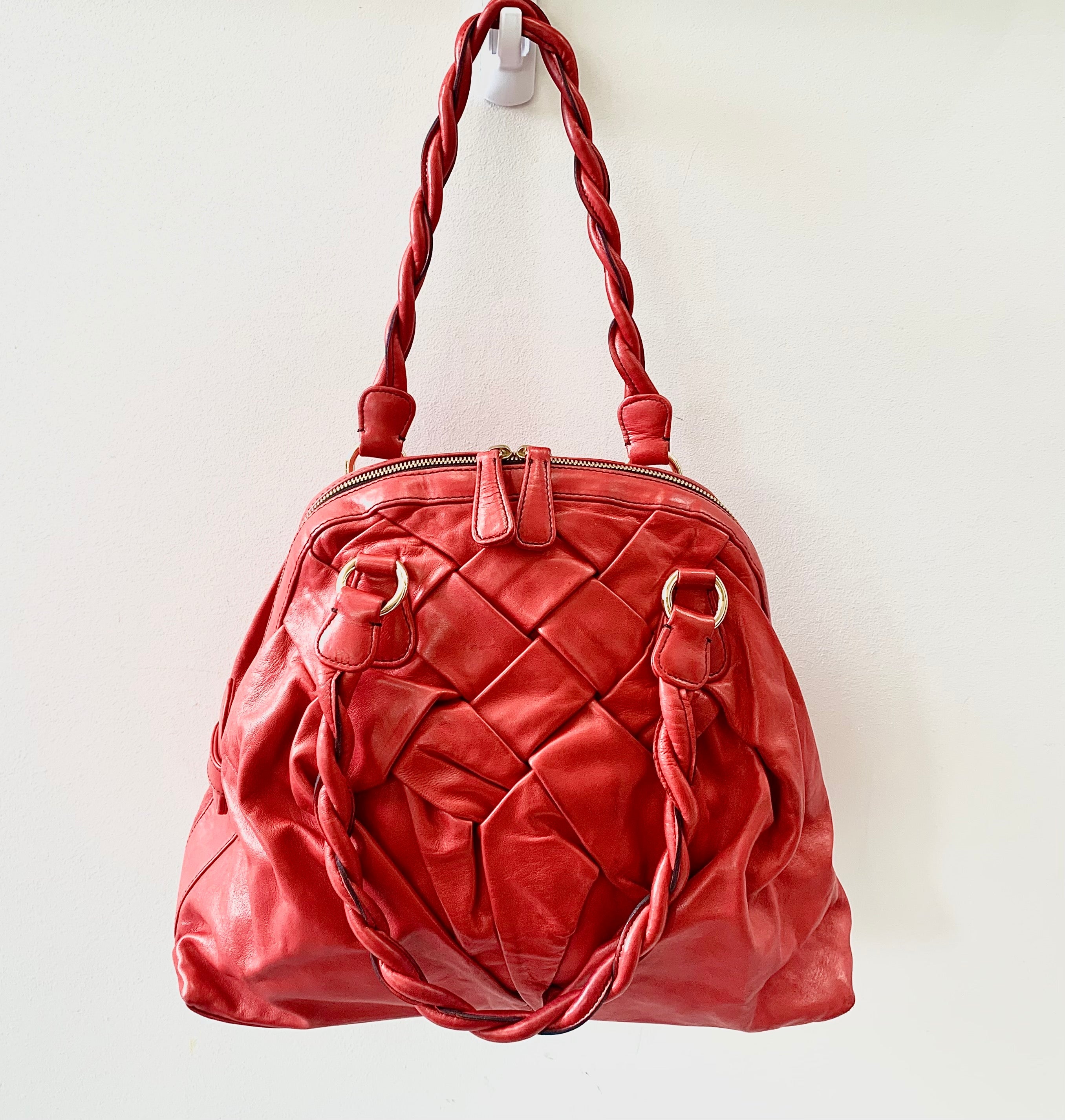 VALENTINO RED NAPPA WOVEN LEATHER COUTURE BAG