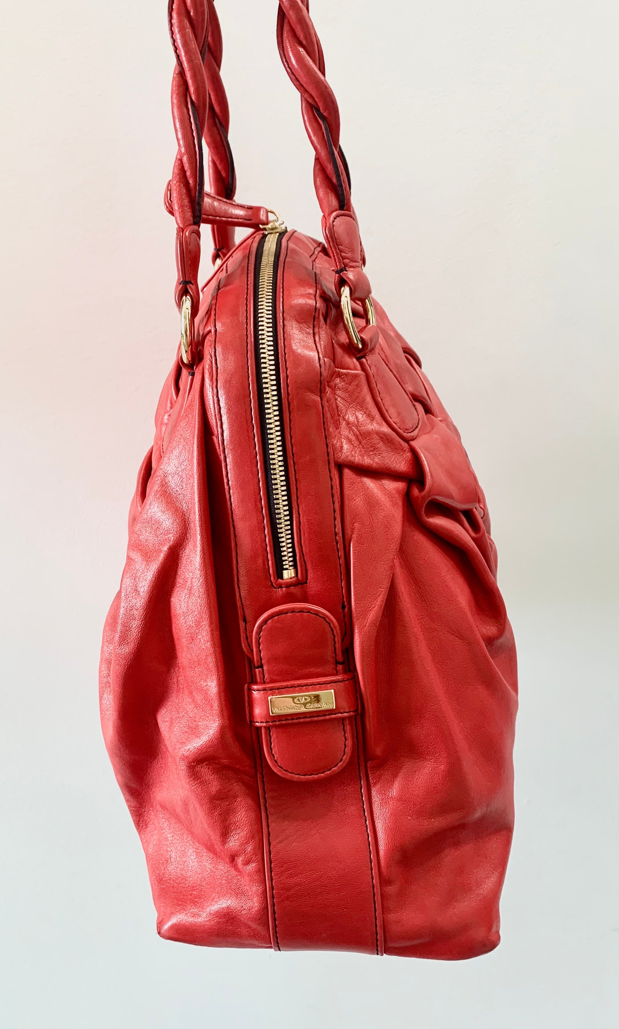 VALENTINO RED NAPPA WOVEN LEATHER COUTURE BAG