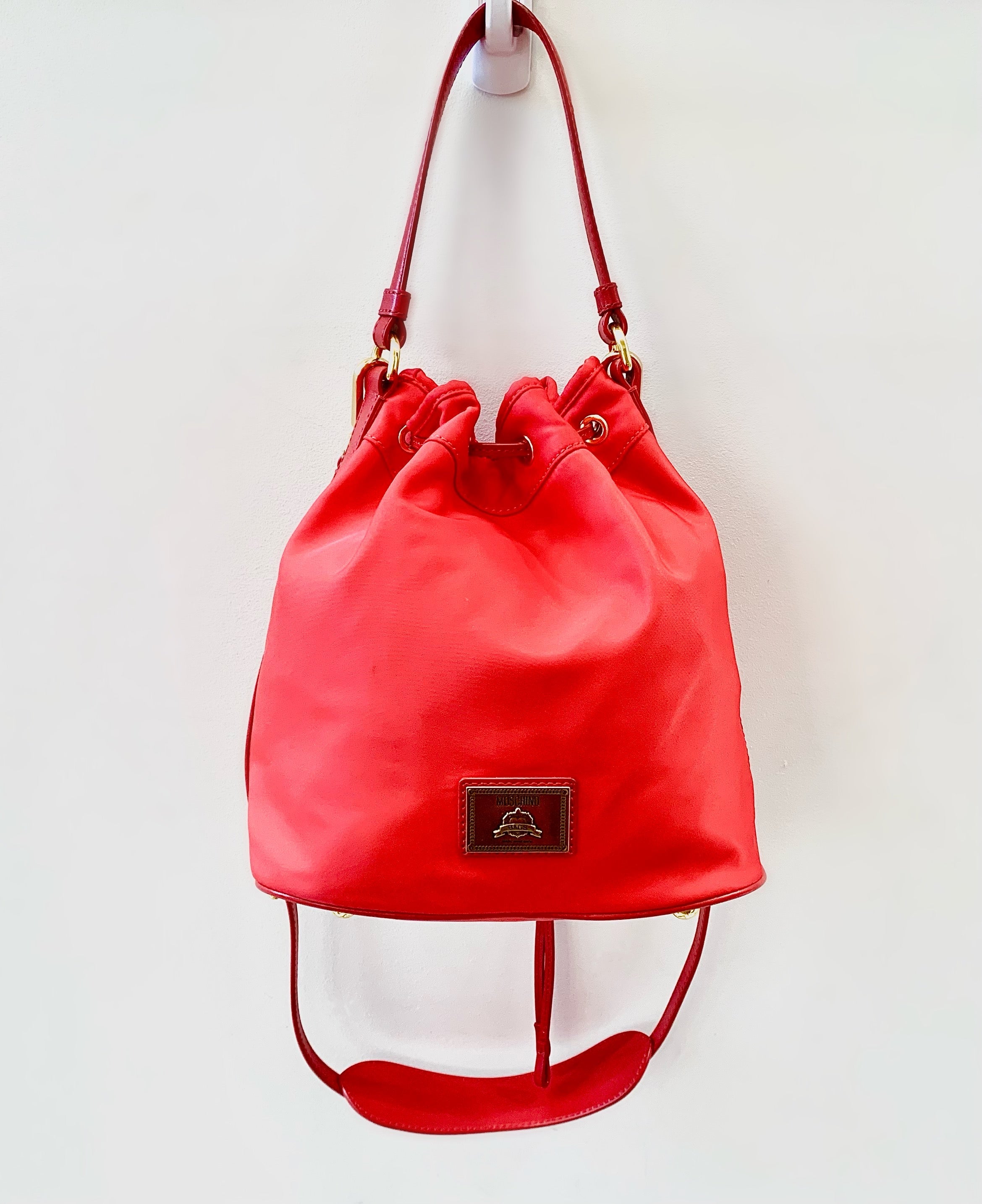 MOSCHINO RED NYLON BUCKET BAG