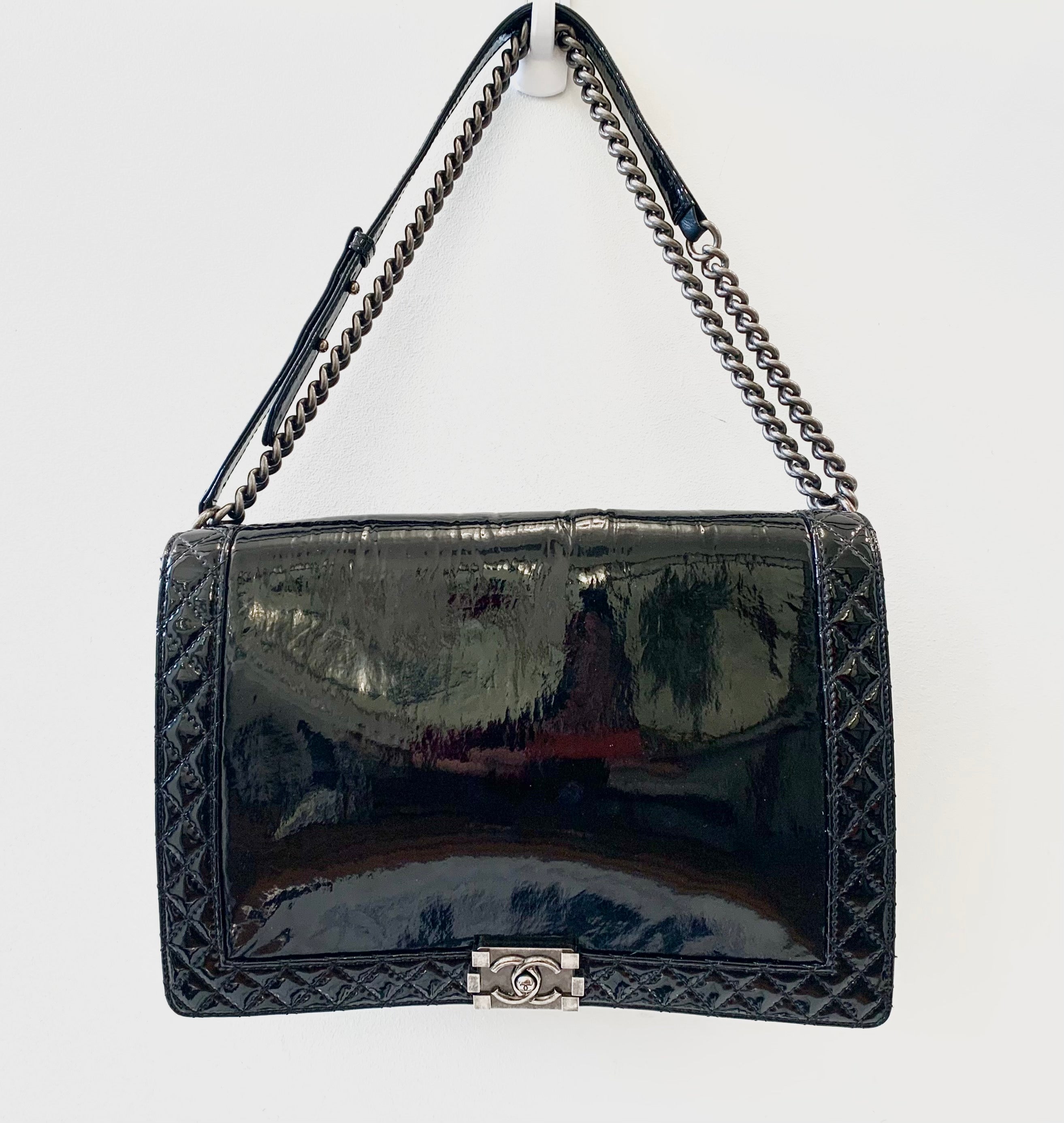 CHANEL REVERSO PATENT LEATHER LARGE BOY BAG