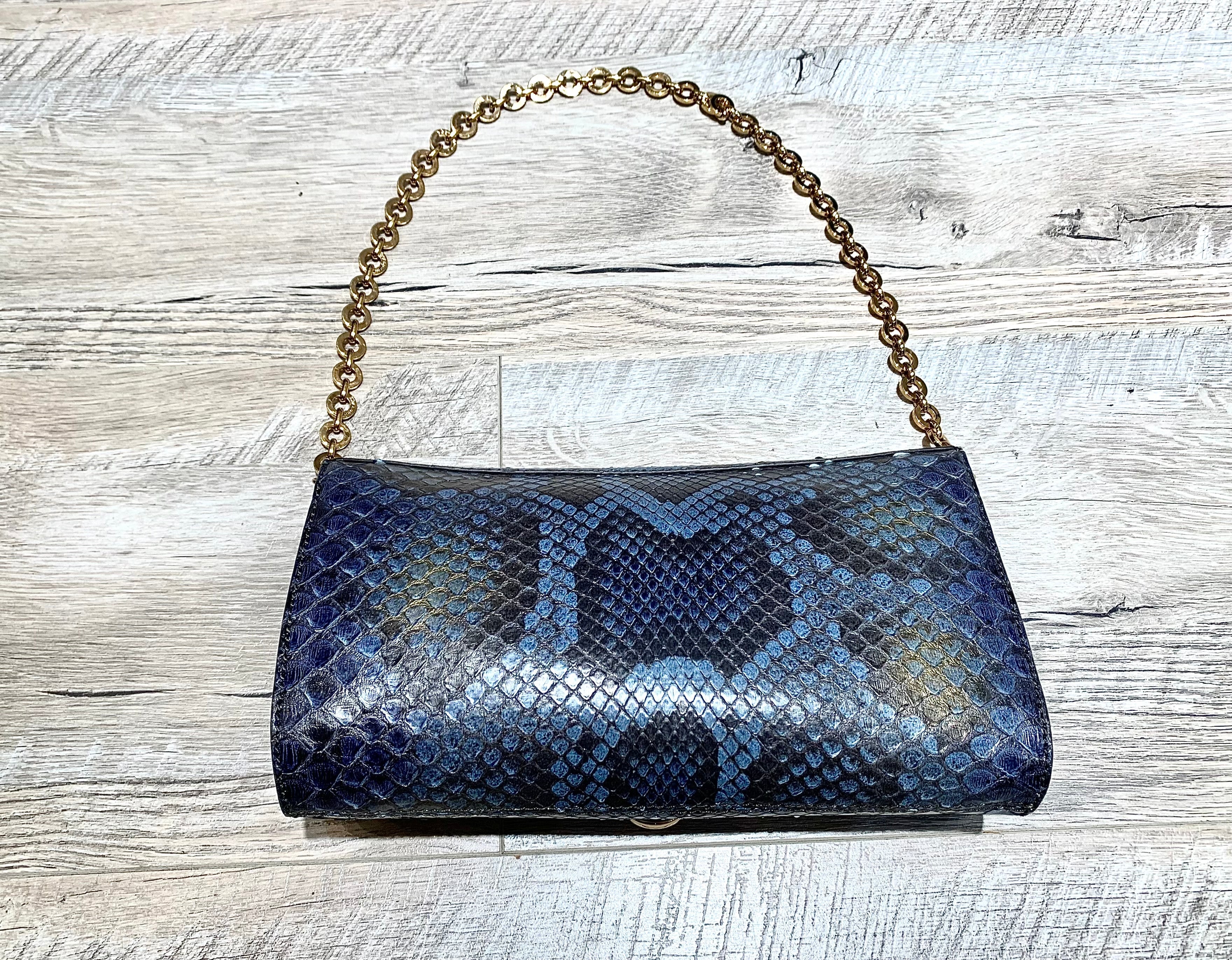 SALVATORE FERRAGAMO GANCINI BLUE PYTHON CLUTCH