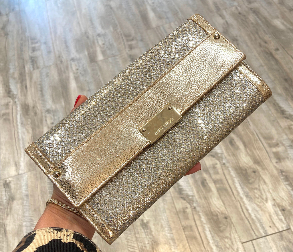 JIMMY CHOO GOLD GLITTER LEATHER REESE CLUTCH BAG