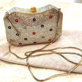 JUDITH LEIBER CRYSTAL GEMSTONE METALLIC CLUTCH BAG W SHOULDER CHAIN