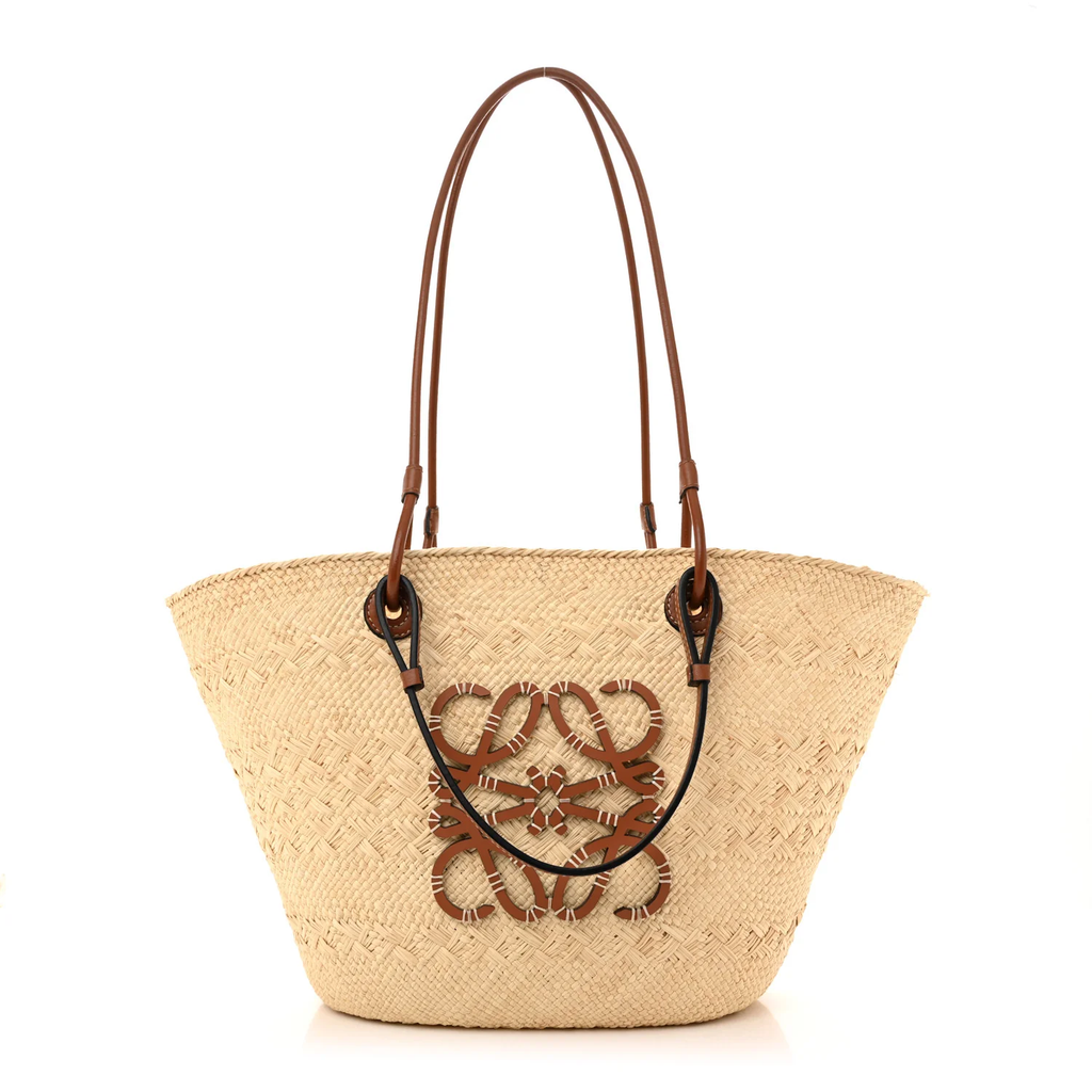 LOEWE CALFSKIN RAFFIA PAULAS IBIZA MEDIUM ANAGRAM BASKET TOTE BAG