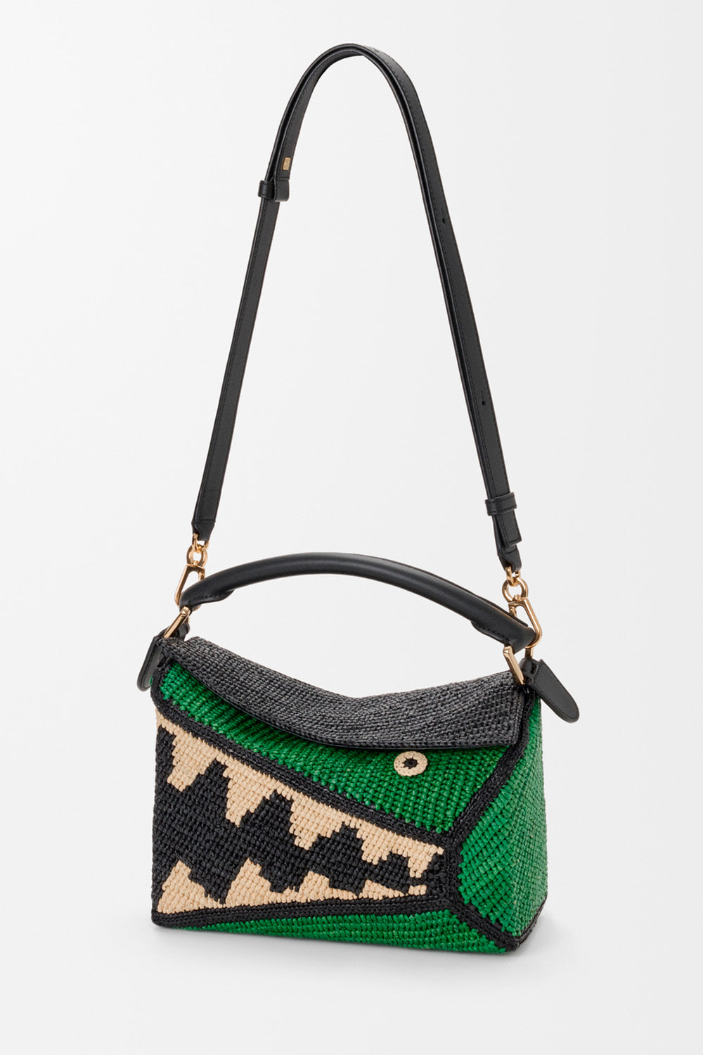 Small Puzzle Edge Bag In Raffia And Calfskin