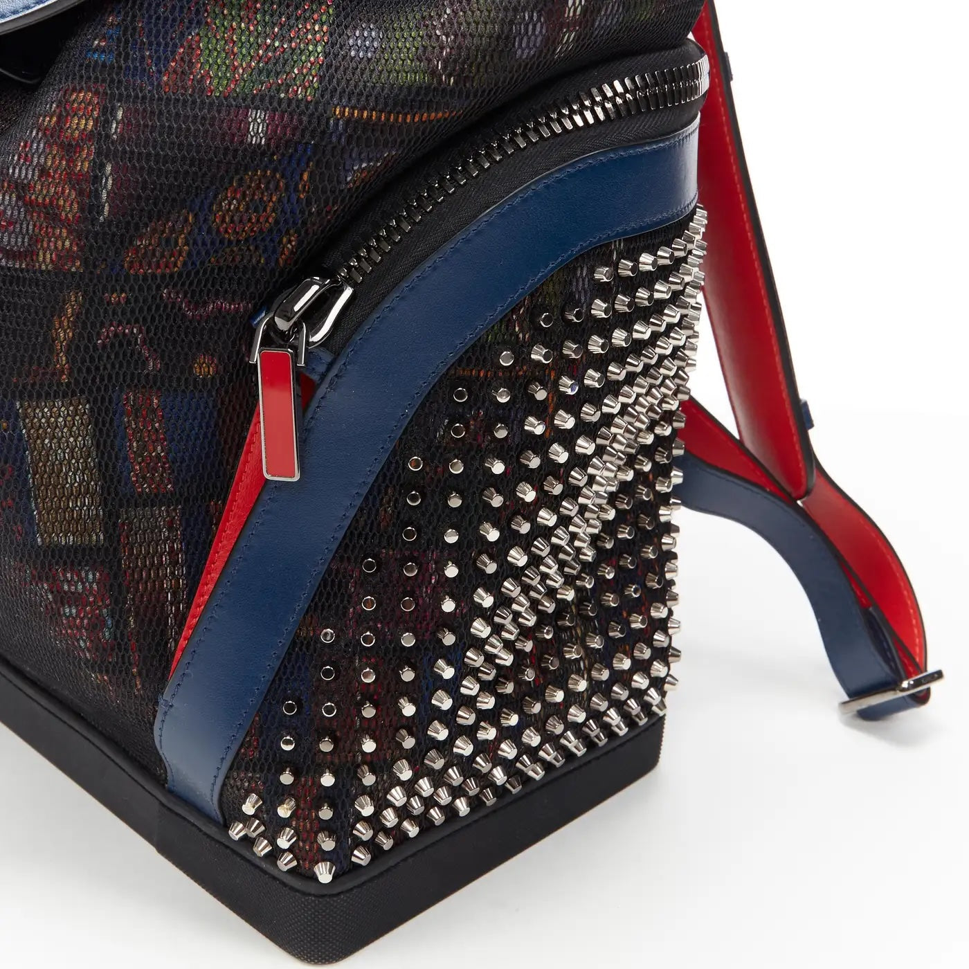 LOUBOUTIN EXPLORAFUNK STUDDED PRINTED MESH LEATHER TRIMMED BACKPACK