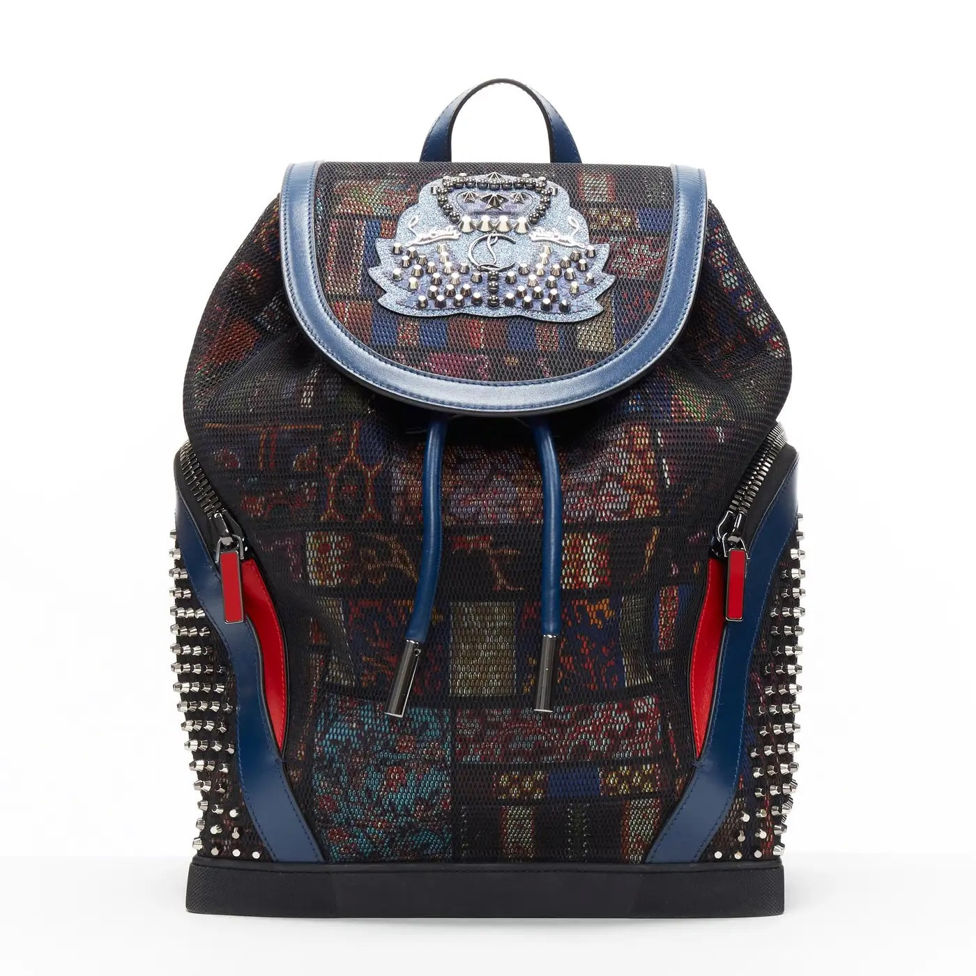 LOUBOUTIN EXPLORAFUNK STUDDED PRINTED MESH LEATHER TRIMMED BACKPACK