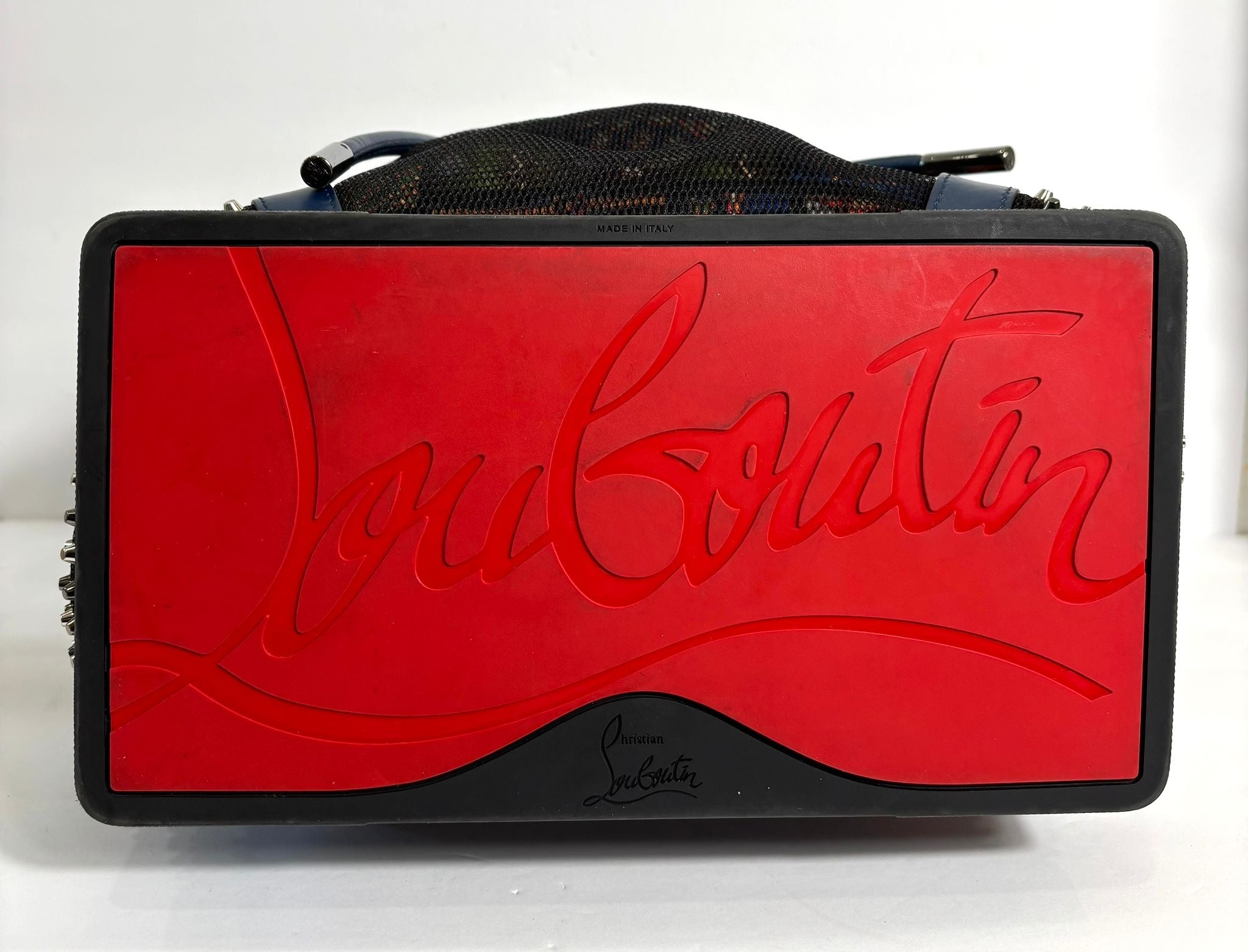 LOUBOUTIN EXPLORAFUNK STUDDED PRINTED MESH LEATHER TRIMMED BACKPACK