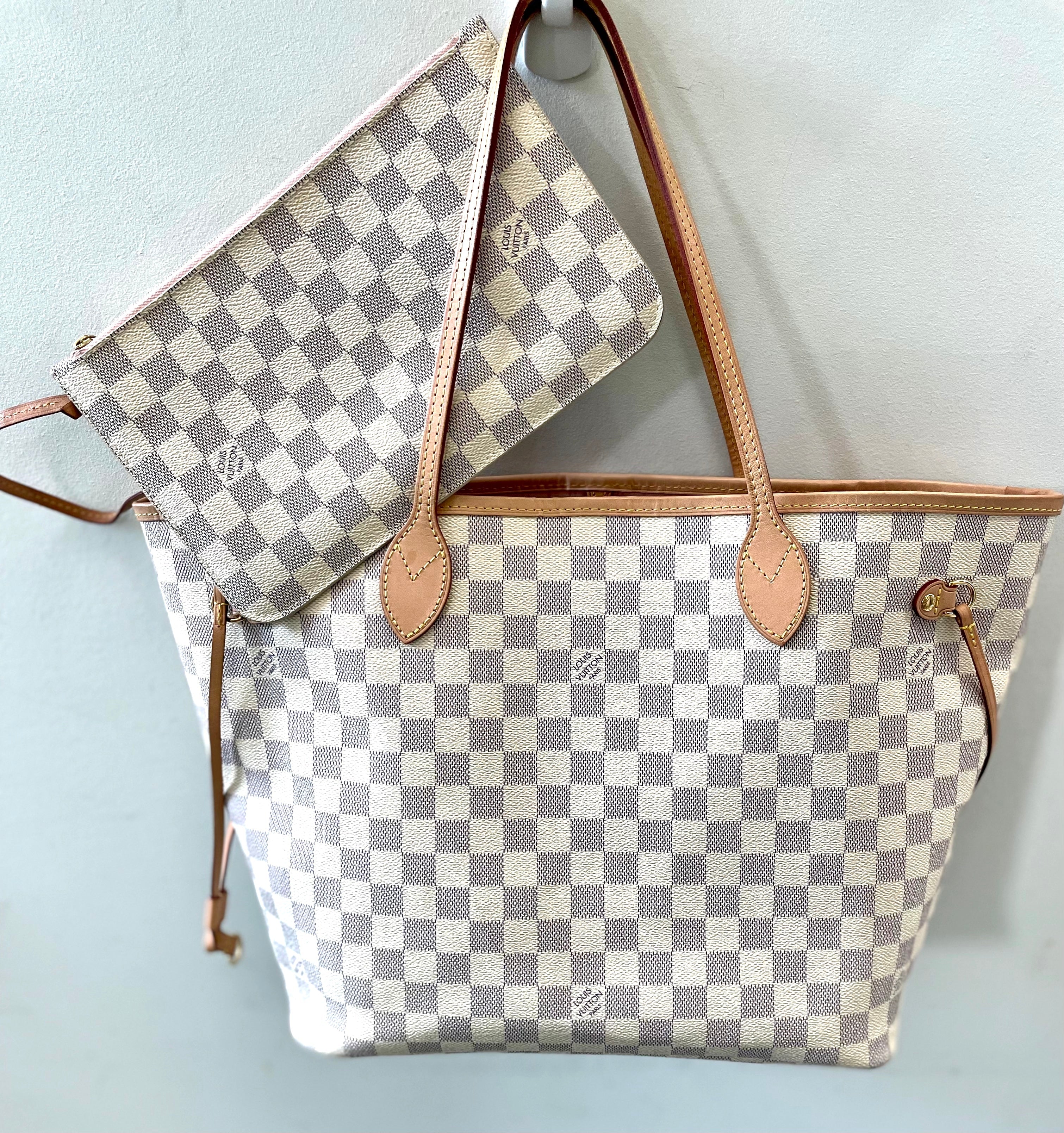 LOUIS VUITTON DAMIER AZUR NEVERFULL MM ROSE BALLERINE WITH POCHETTE