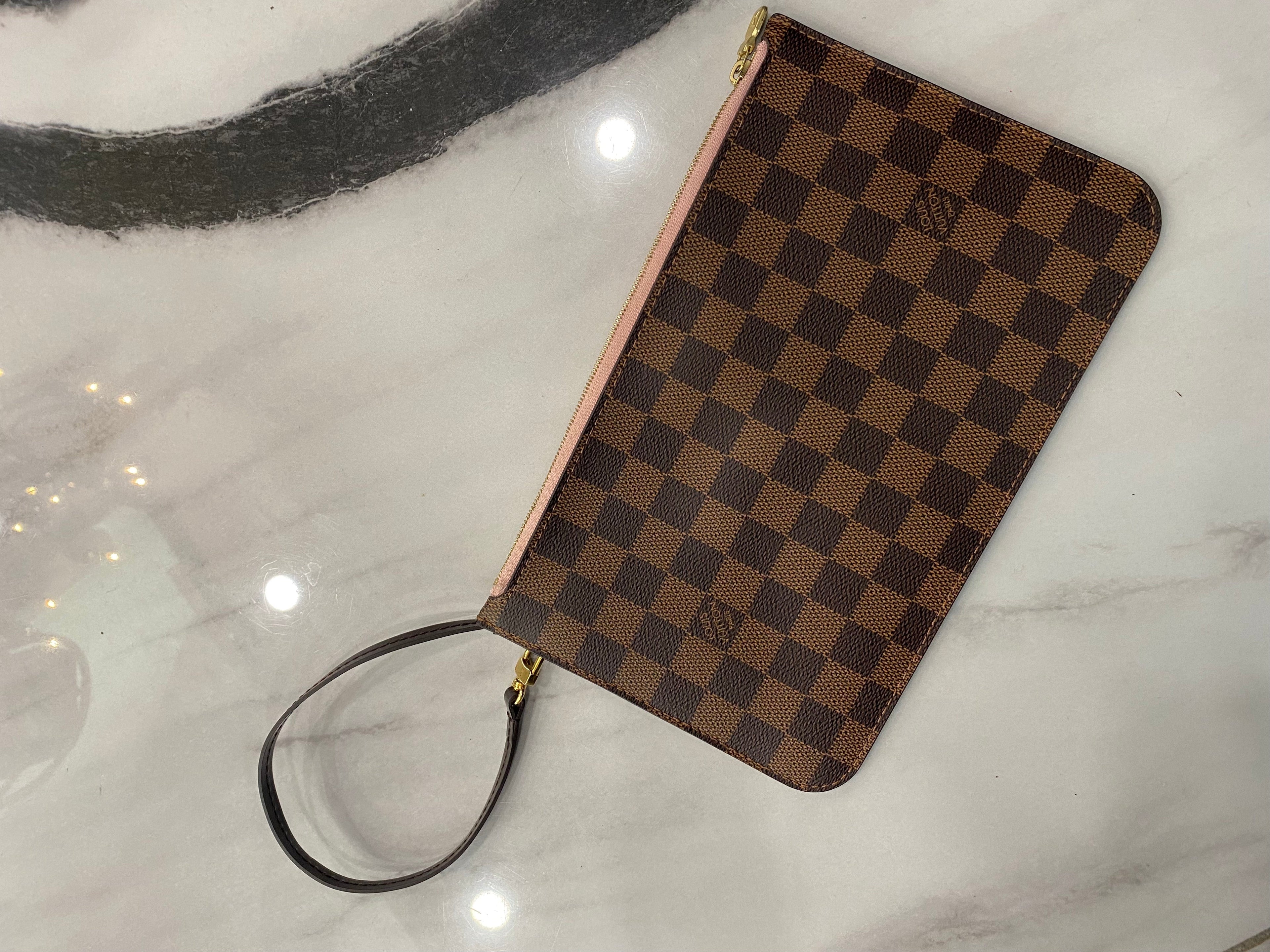 LOUIS VUITTON DAMIER EBENE NEVERFULL MM GM POCHETTE ROSE BALLERINE