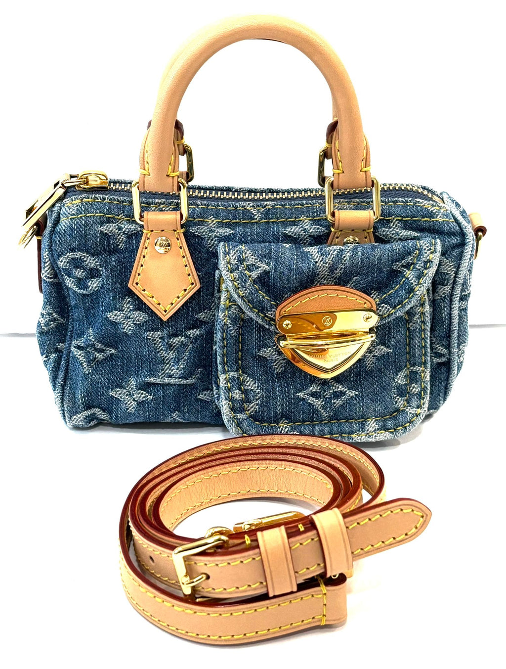 LOUIS VUITTON LV REMIX NANO SPEEDY BLUE DENIM HANDBAG