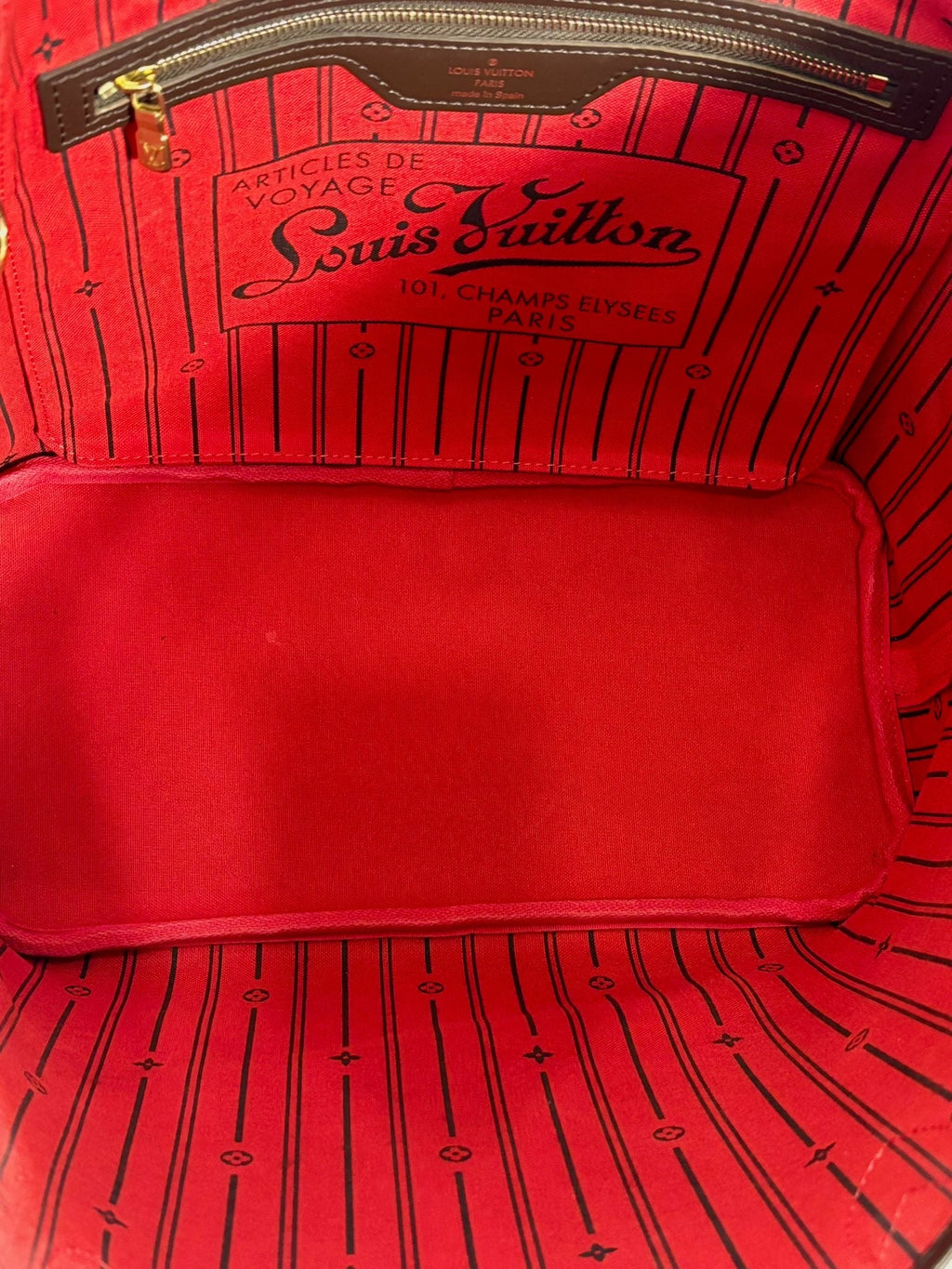LOUIS VUITTON DAMIER EBENE NEVERFULL MM TOTE BAG CERISE RED