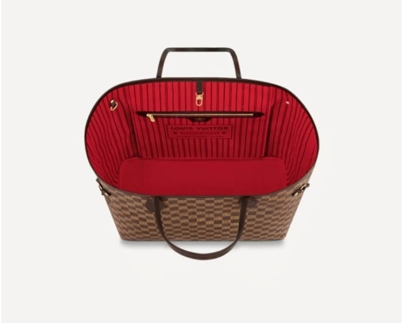 LOUIS VUITTON DAMIER EBENE NEVERFULL MM TOTE BAG CERISE RED
