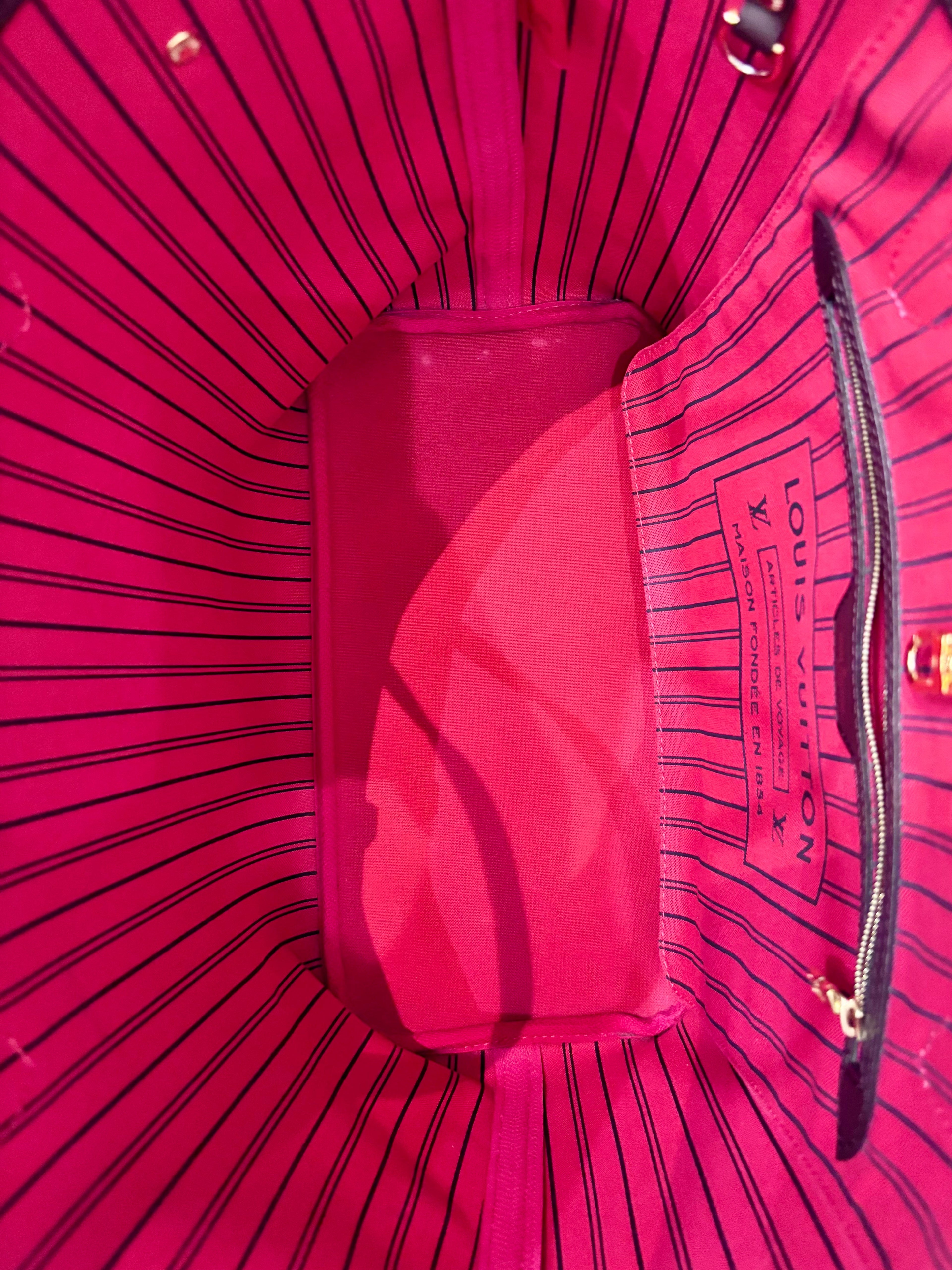 LOUIS VUITTON DAMIER EBENE NEVERFULL MM TOTE BAG CERISE RED