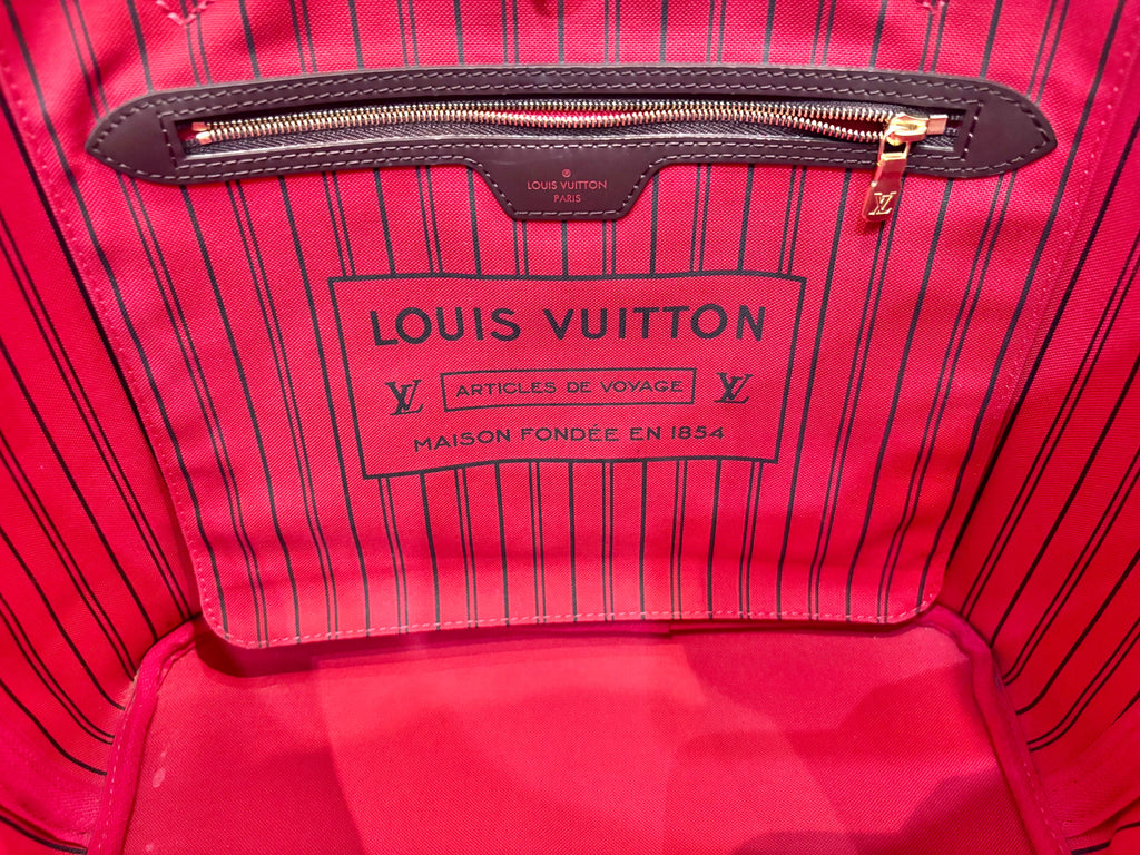 LOUIS VUITTON DAMIER EBENE NEVERFULL MM TOTE BAG CERISE RED