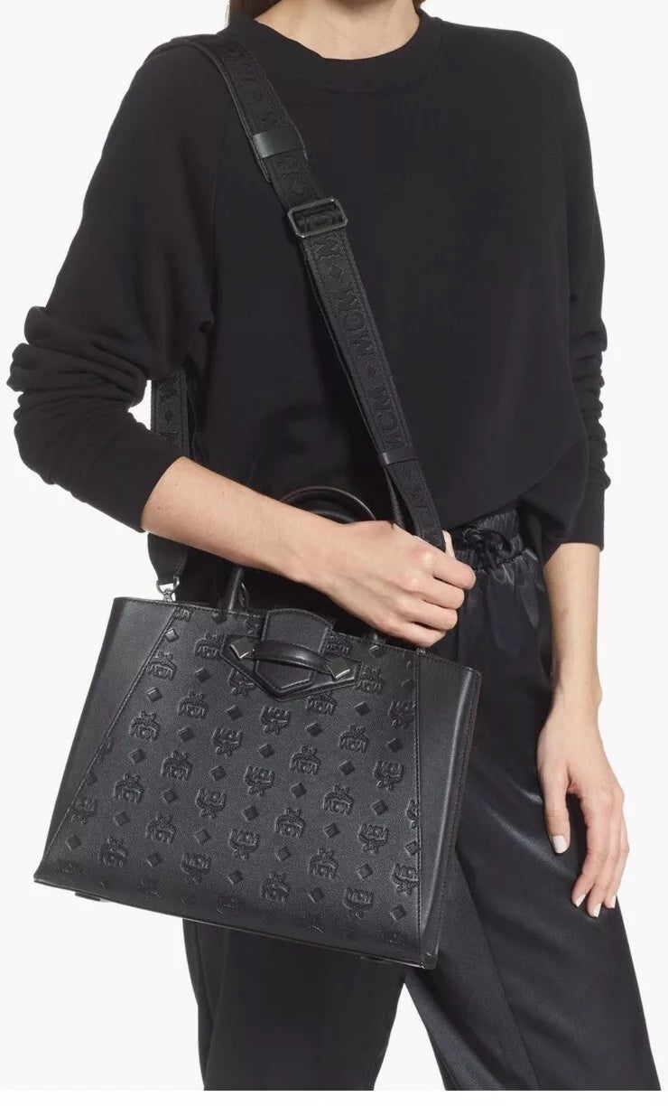 MCM CALFSKIN LEATHER OTTOMAR MONOGRAM ESSENTIAL TOTE BAG