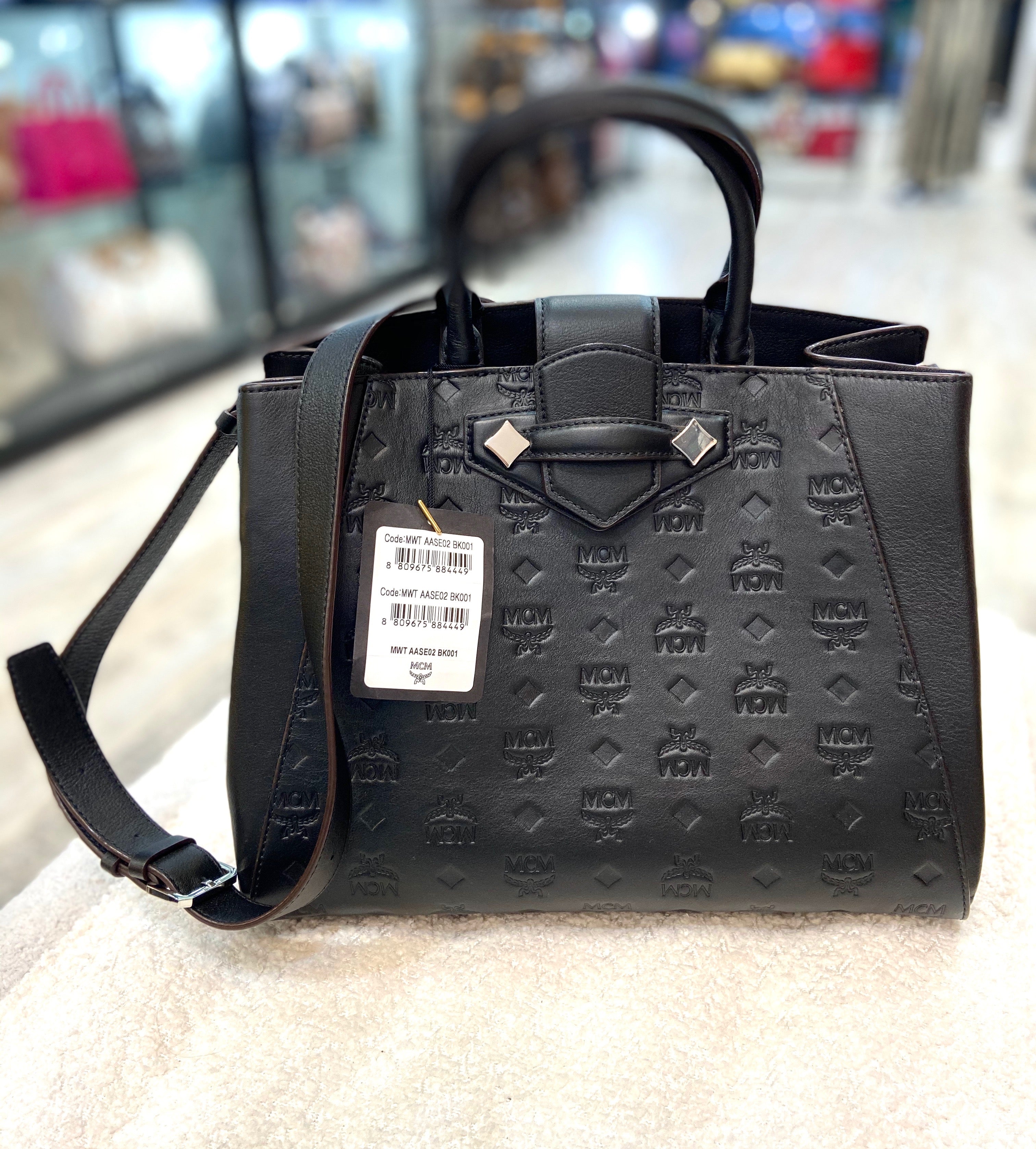 MCM CALFSKIN LEATHER OTTOMAR MONOGRAM ESSENTIAL TOTE BAG