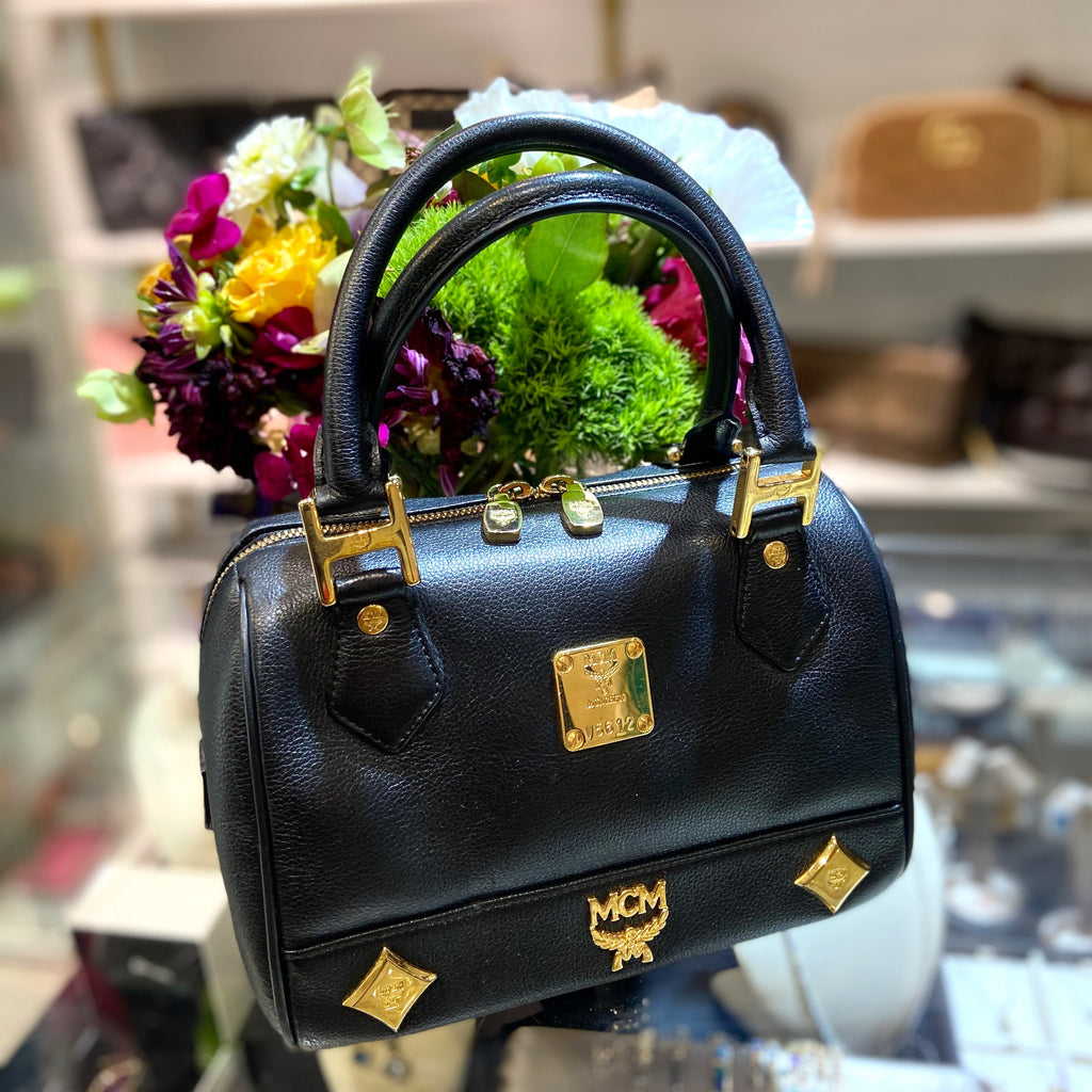 MCM STUDDED LEATHER HERITAGE SMALL BOSTON BAG