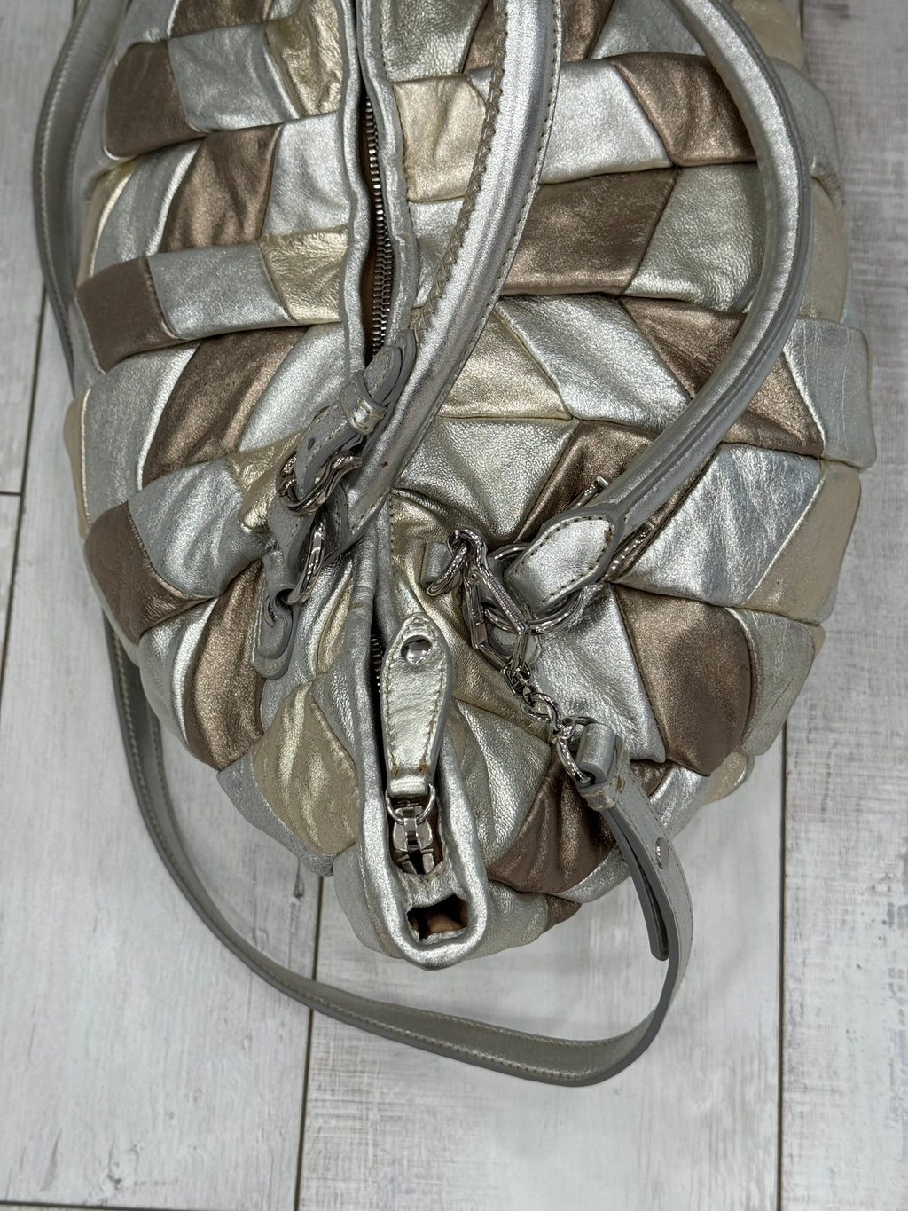 MIU MIU METALLIC LEATHER HARLEQUIN TOTE BAG
