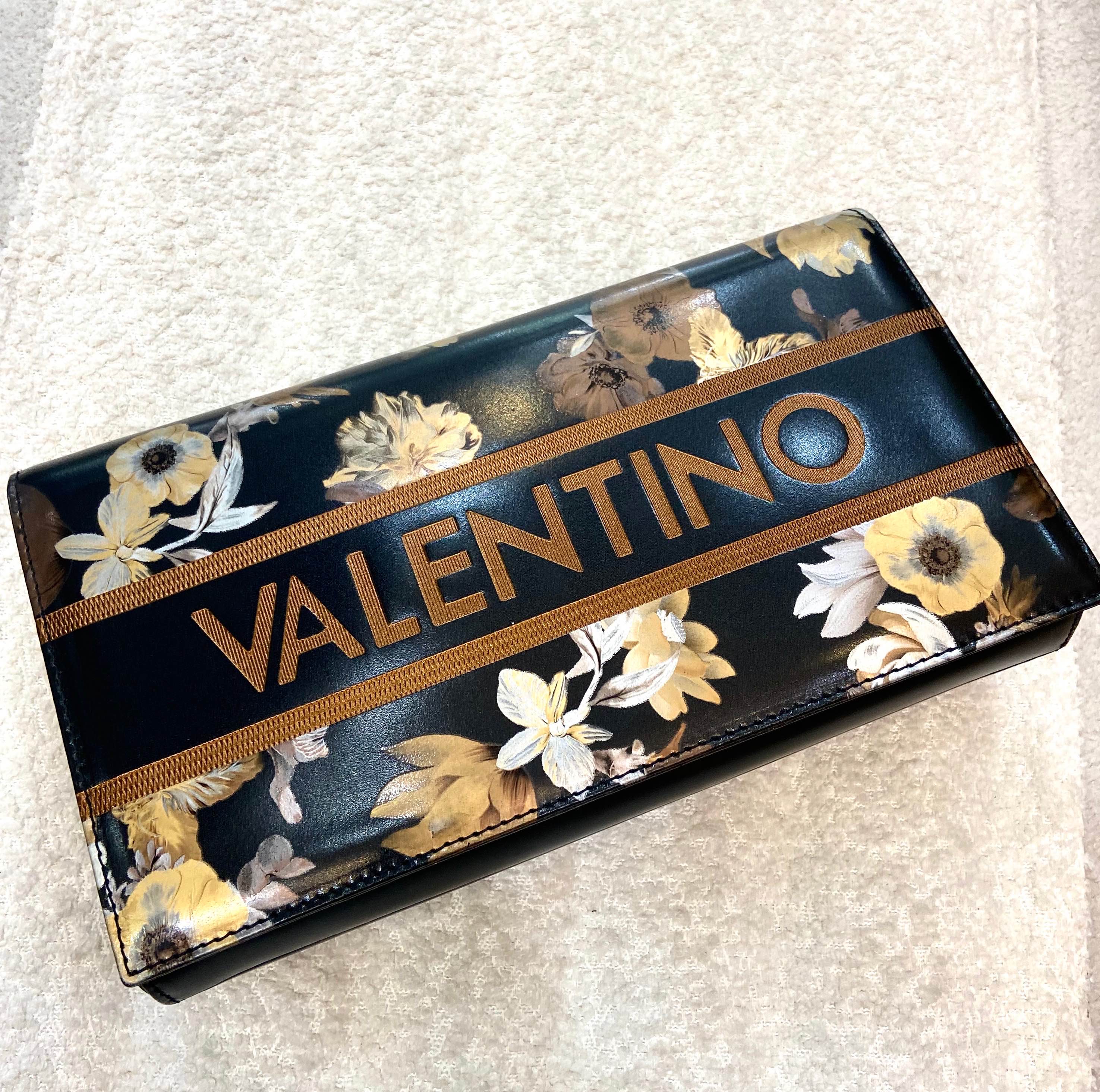 MARIO VALENTINO PURSE BLACK POLISHED LEATHER GOLD AND SILVER FLORAL