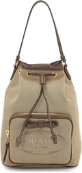 PRADA LOGO JACQUARD CANVAS LEATHER SMALL BUCKET BAG
