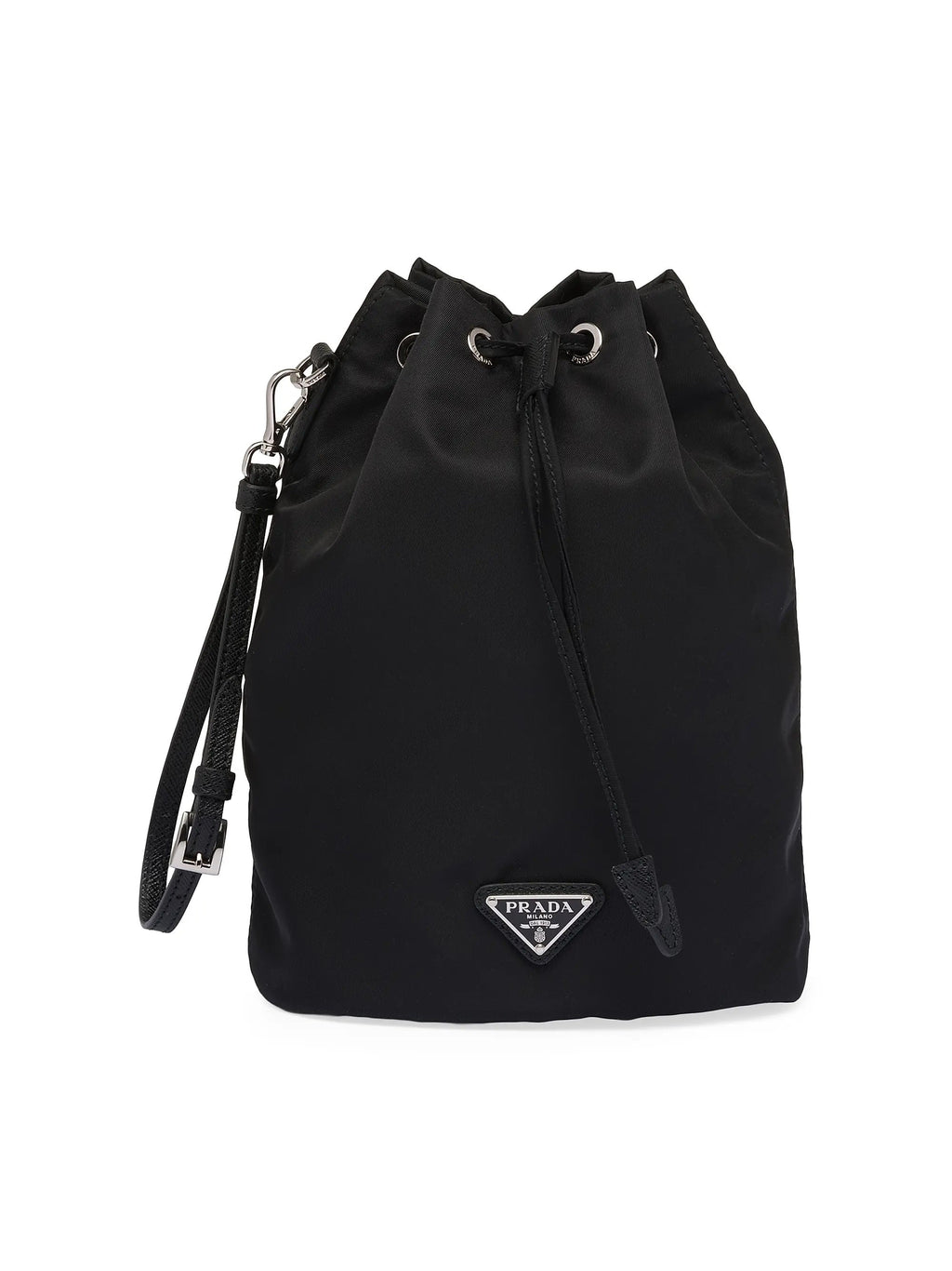 PRADA RE-NYLON TRIANGLE LOGO PLAQUE BUCKET POUCH WRISTLET