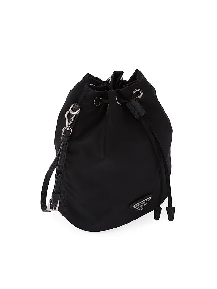 PRADA RE-NYLON TRIANGLE LOGO PLAQUE BUCKET POUCH WRISTLET