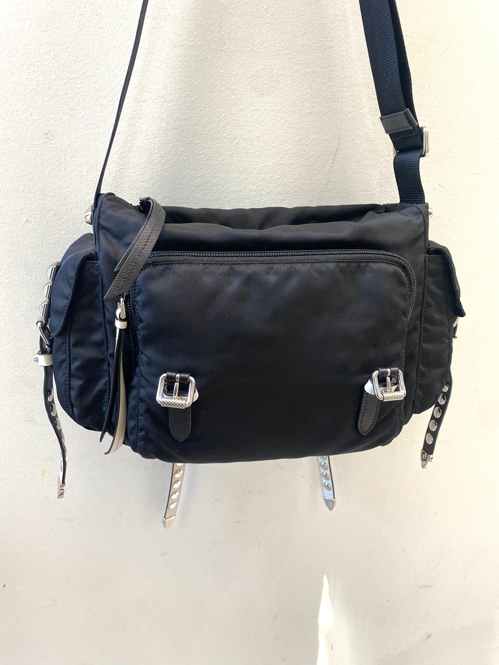 PRADA NYLON & LEATHER NEW VELA STUDDED MESSENGER BAG