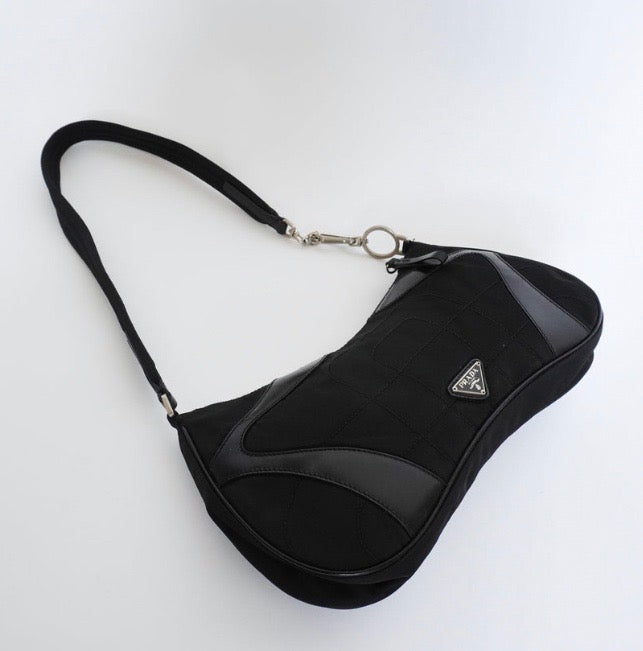 PRADA TESSUTO NYLON SOFT CALFSKIN LEATHER KIDNEY SHOULDER BAG